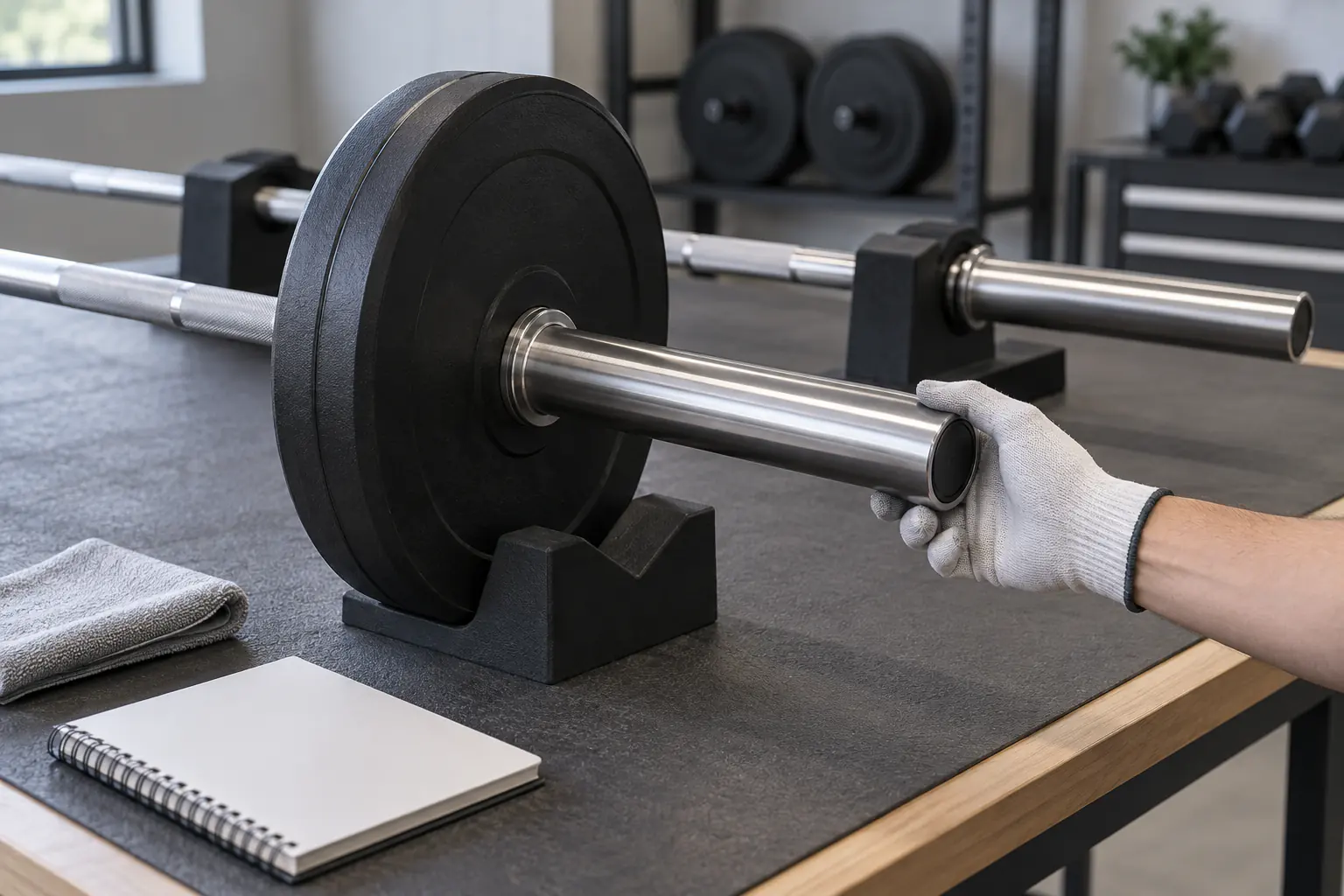 Unbranded Olympic barbell sleeve checked by hand with a plain bumper plate