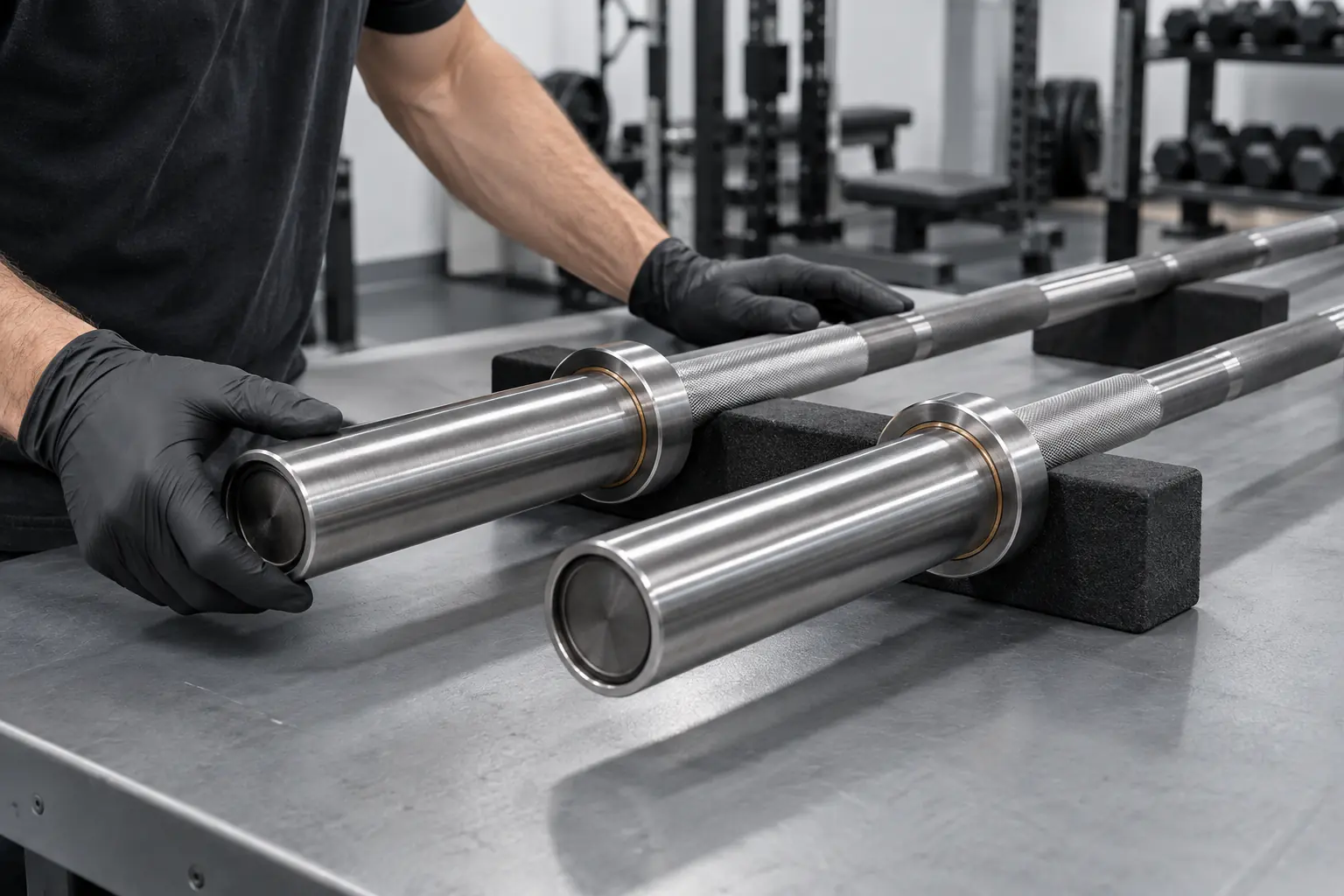 Supported Olympic barbell sleeve with inspection tools nearby