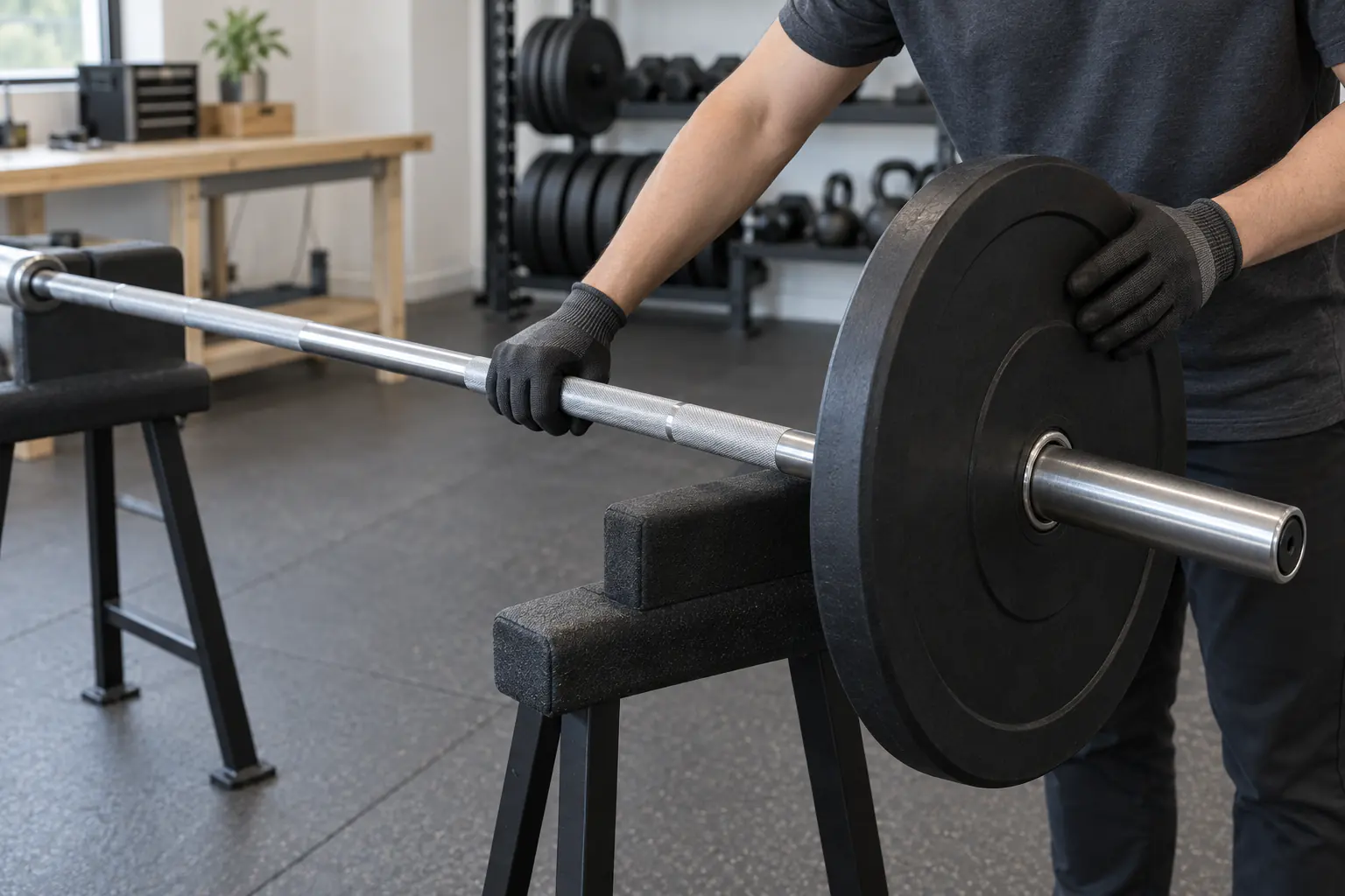 Sleeve barbel Olimpiade tanpa merek diperiksa dengan bumper plate polos