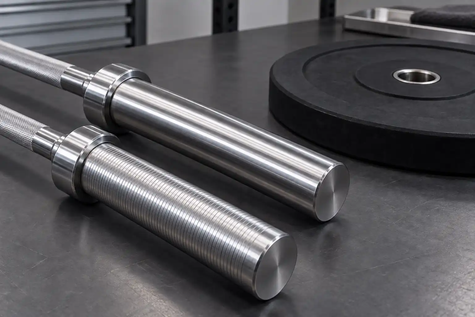 Unbranded smooth and finely grooved Olympic barbell sleeves on a clean inspection bench