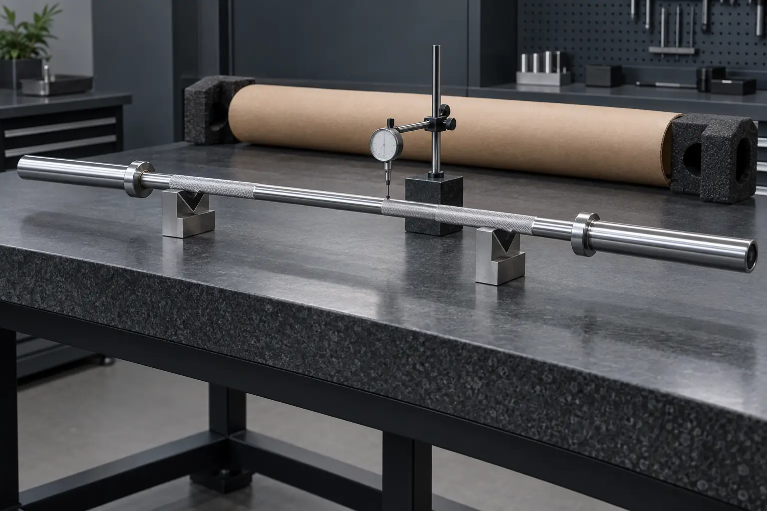 Olympic bar shaft supported on a precision inspection bench