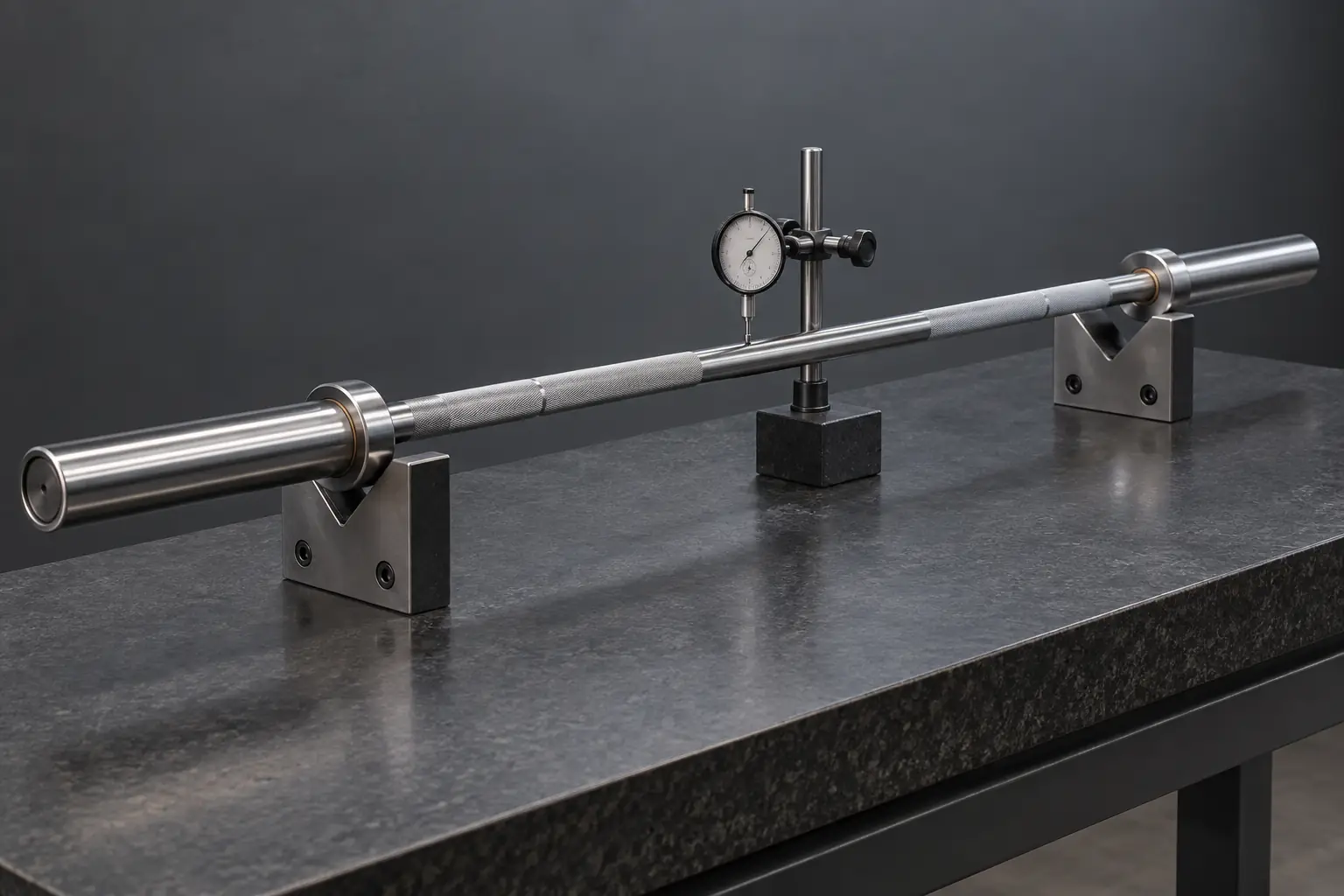 Unbranded Olympic barbell on V-blocks with a dial indicator checking the shaft