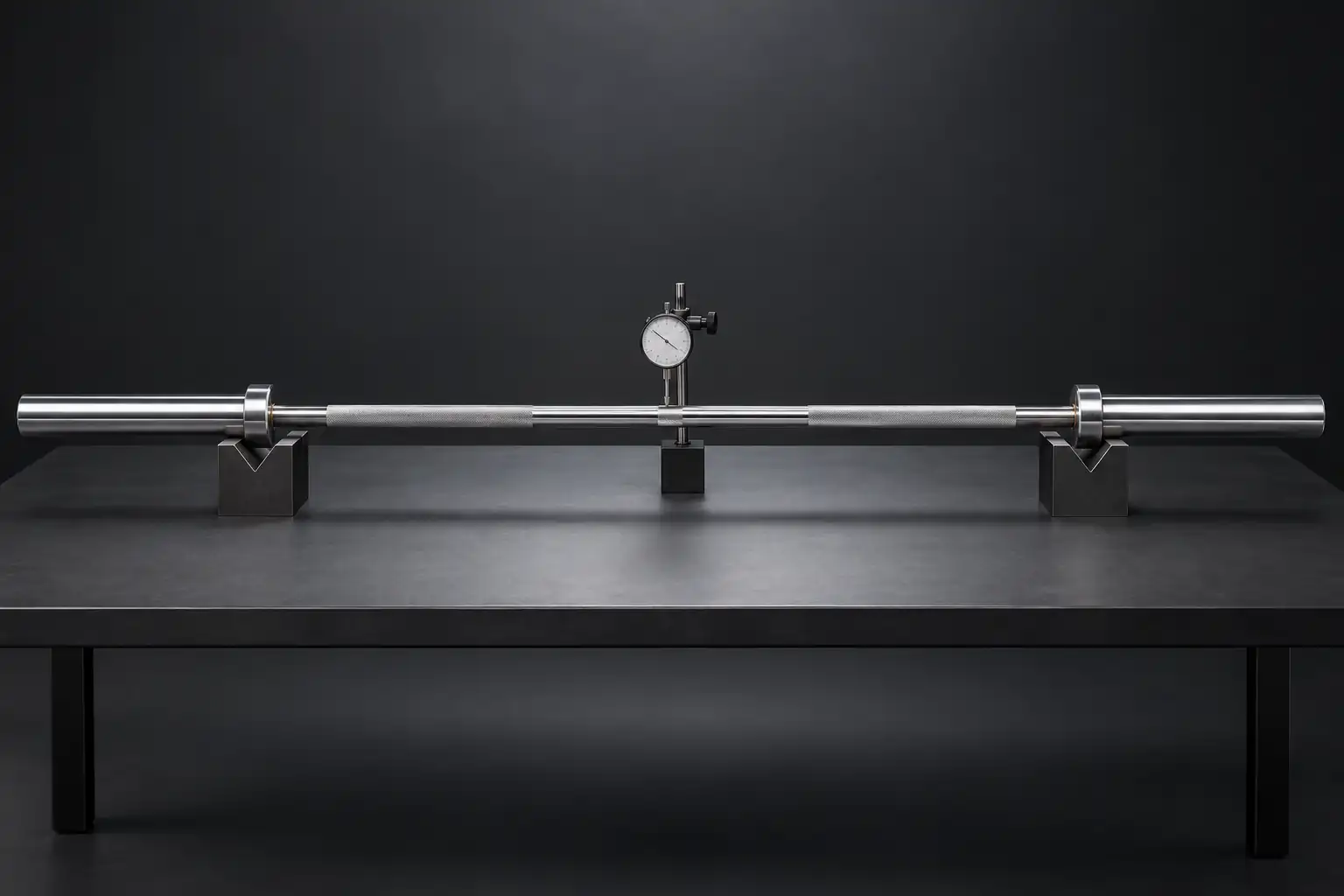 Unbranded Olympic barbell on supports for a conceptual stiffness comparison