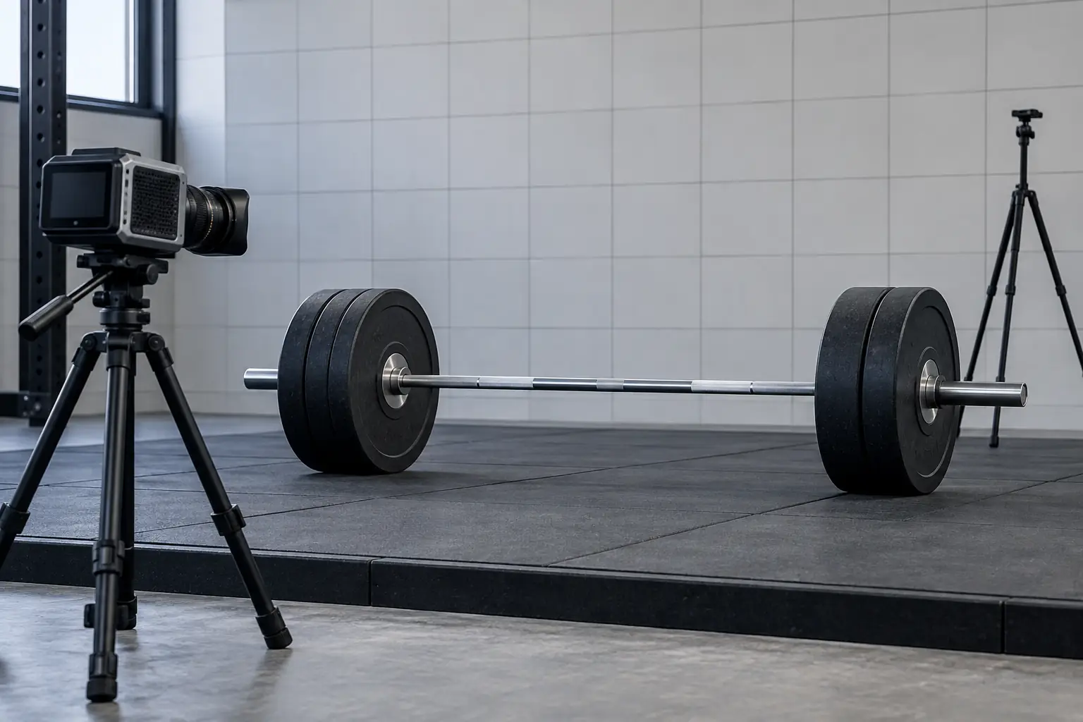 Camera documenting a symmetrically loaded bumper plate drop-test setup
