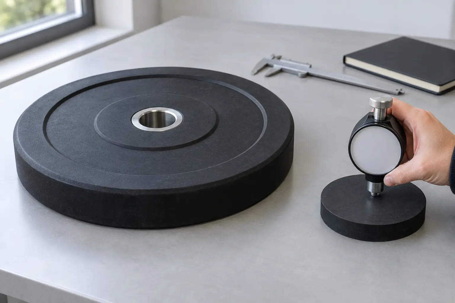 Shore durometer contacting a flat rubber witness coupon beside an unbranded bumper plate