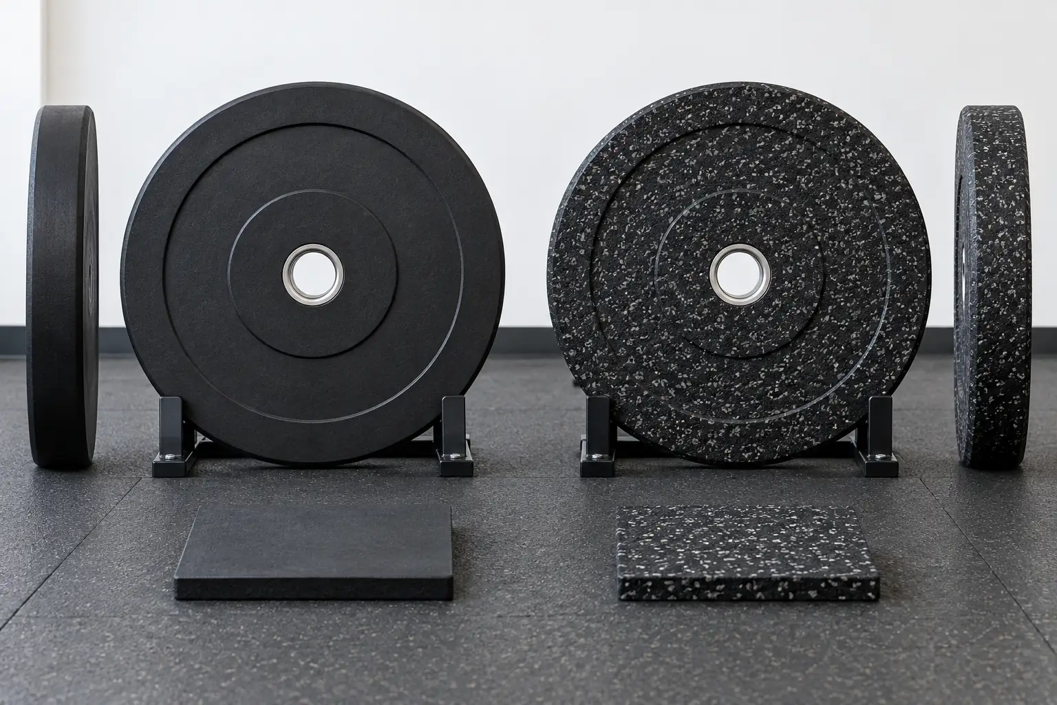 Gladde en korrelrubberen bumper plates zonder merk naast materiaalproeven