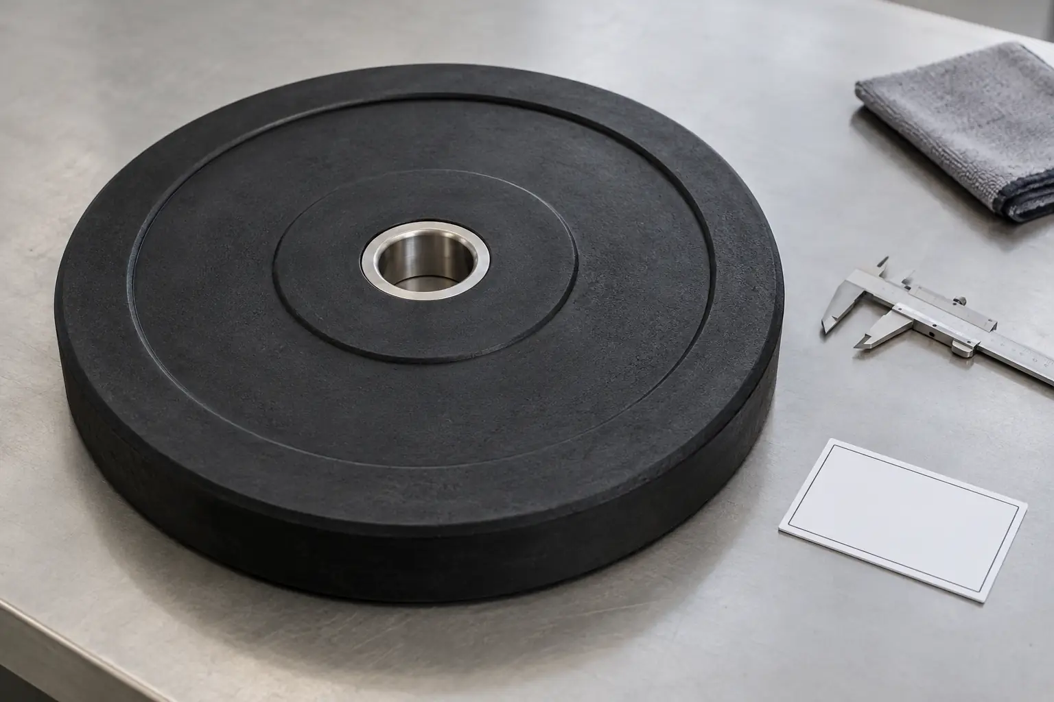 Unbranded bumper plate with recessed steel center insert beside a caliper