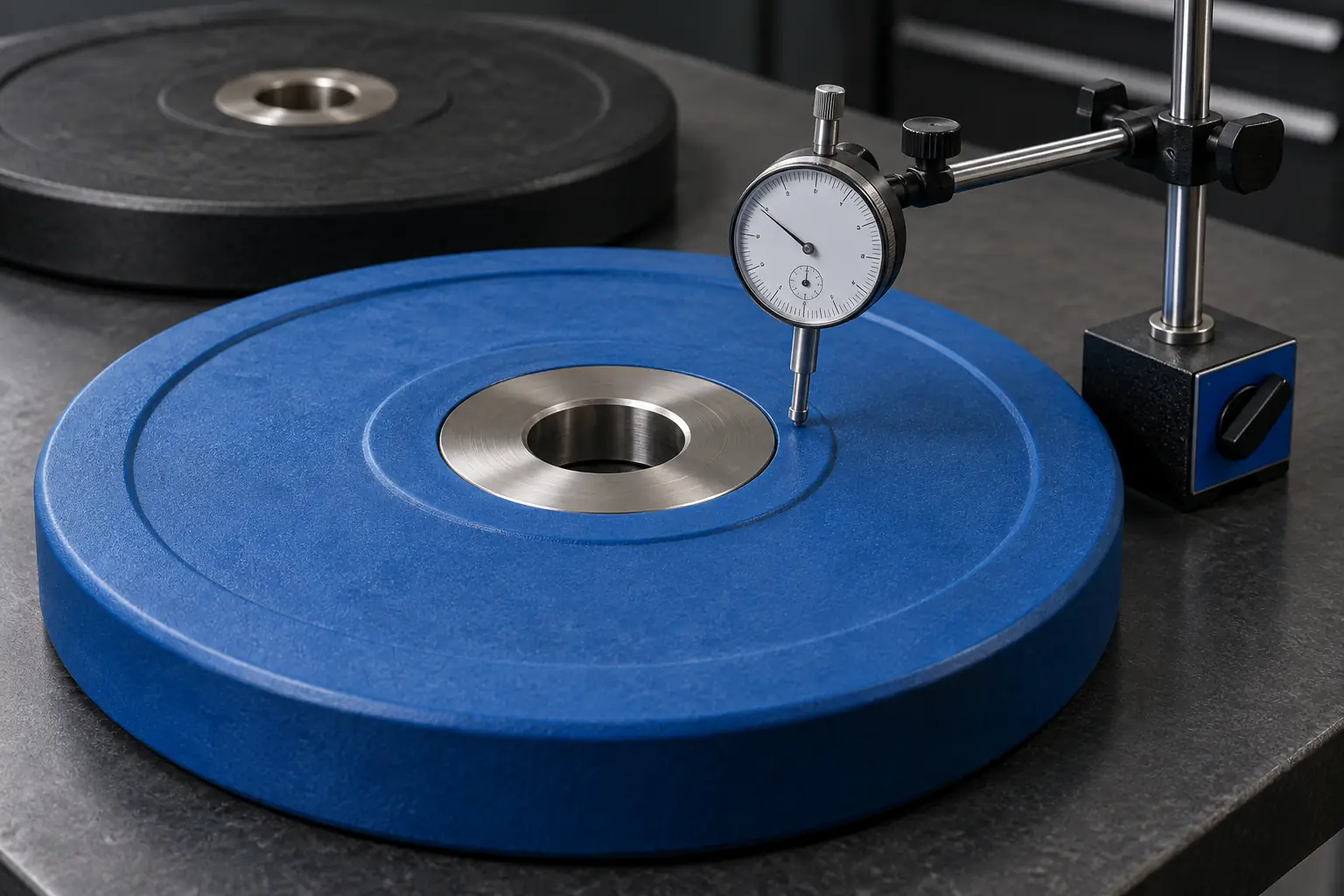Unbranded bumper plate center hub reviewed with a dial indicator