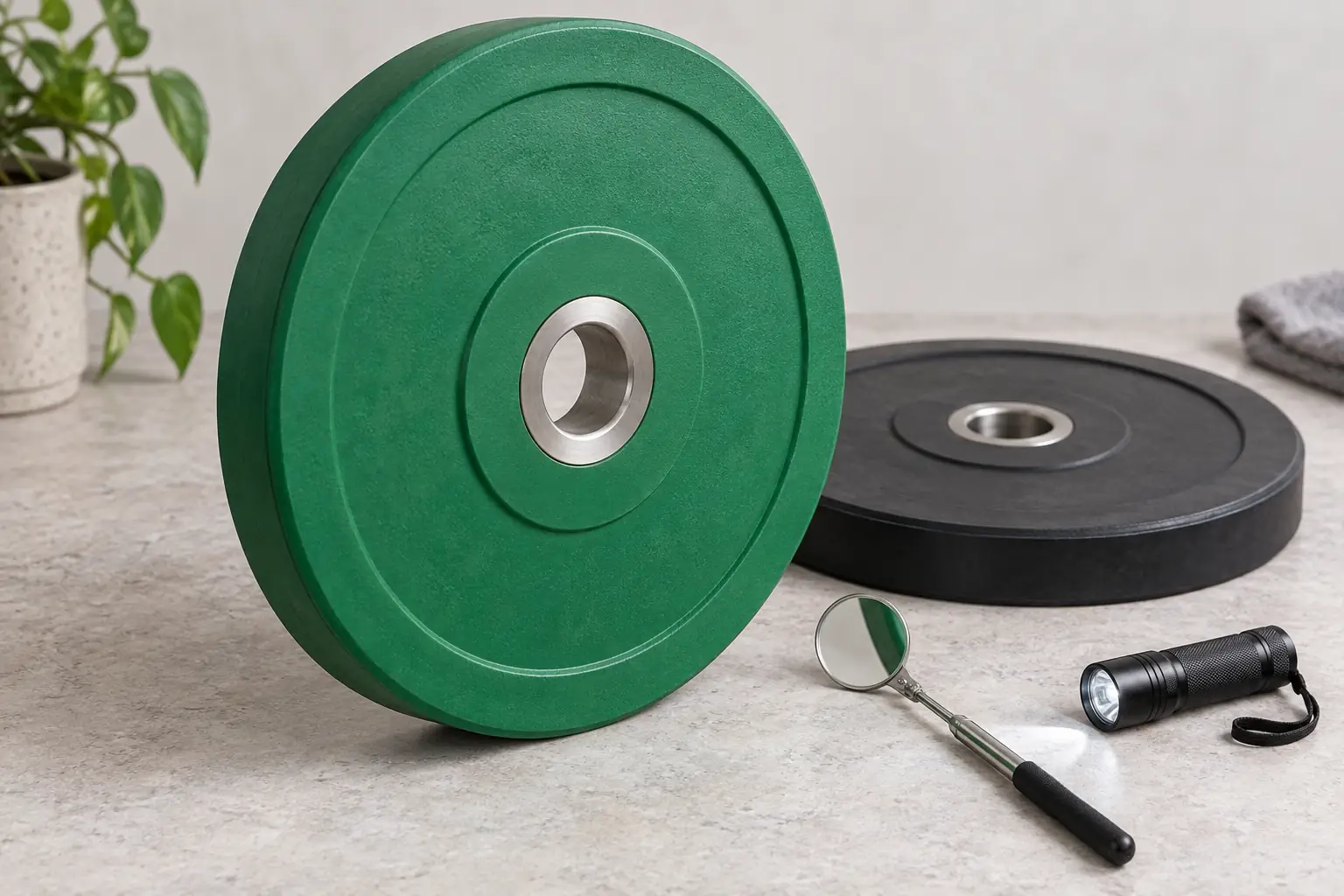 Disque bumper vert sans marque avec insert central et miroir d’inspection