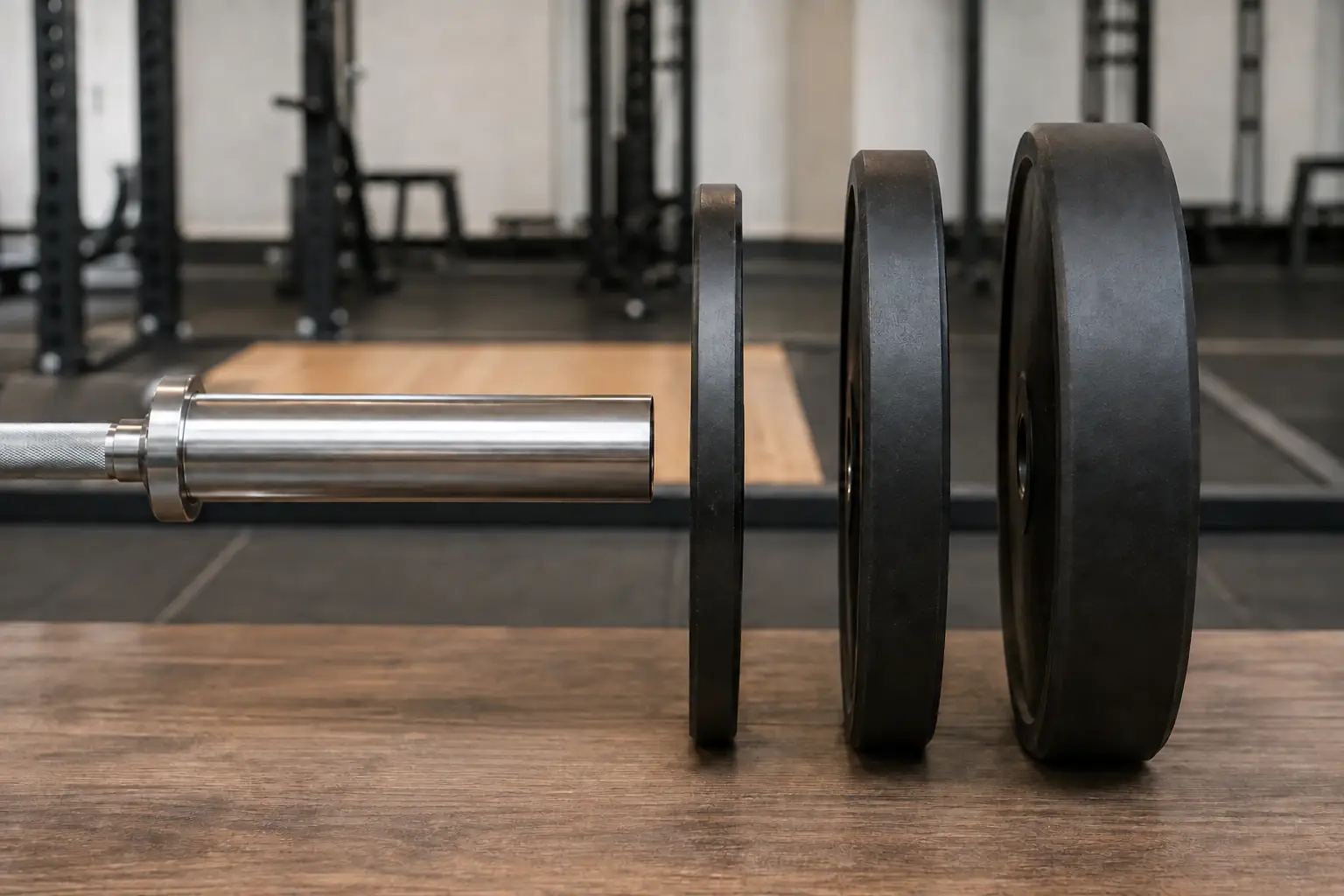 Unbranded bumper plates of different thickness beside an Olympic bar sleeve