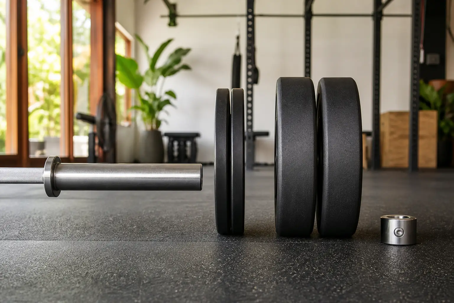 Bumper plate tanpa merek dengan ketebalan berbeda di samping sleeve bar Olympic
