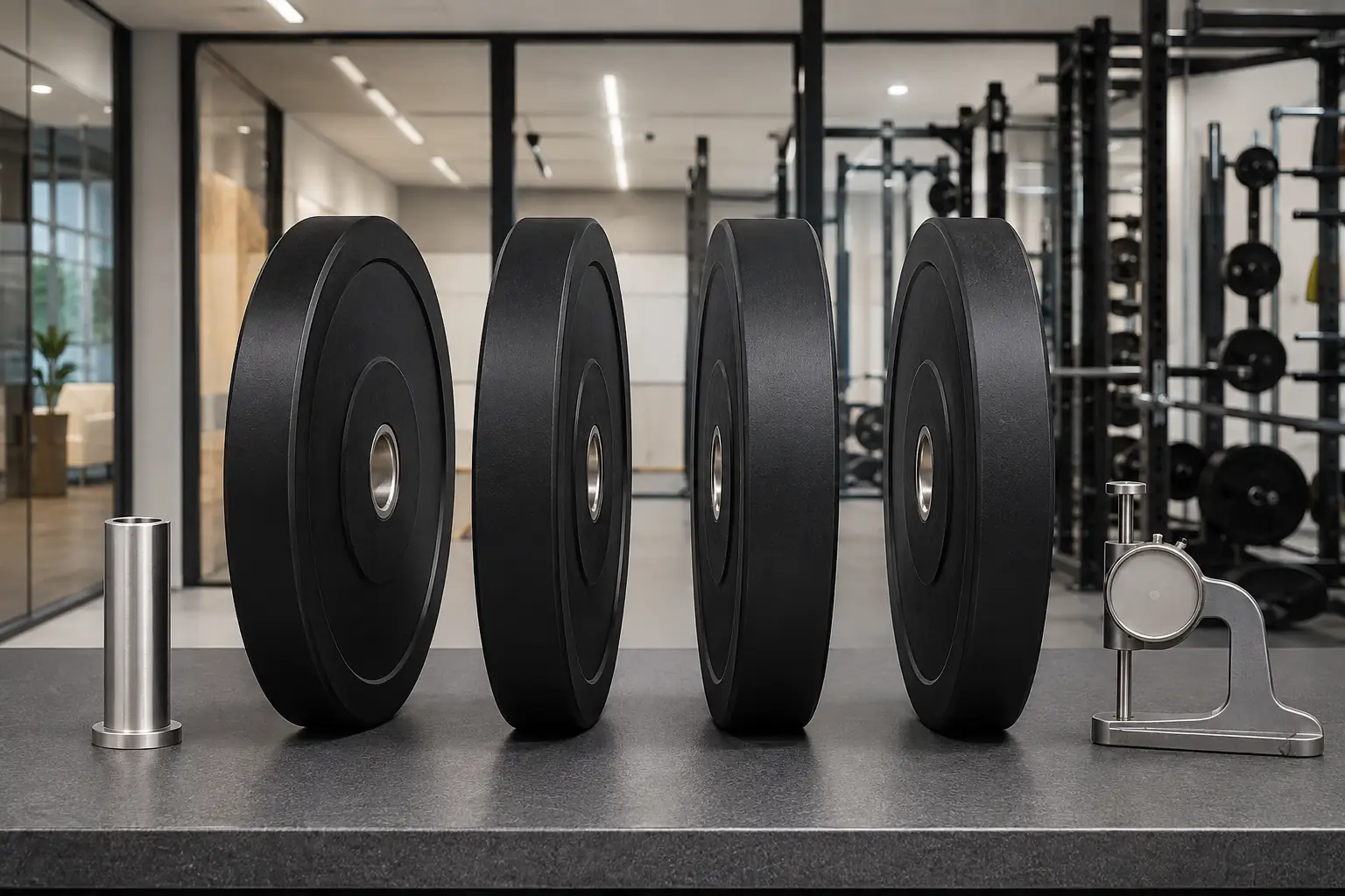 Bulk bumper plate samples and a bar sleeve prepared for fit review