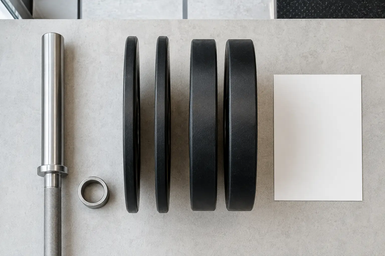 Ongemerkte bumper plates met verschillende diktes naast een olympische bus