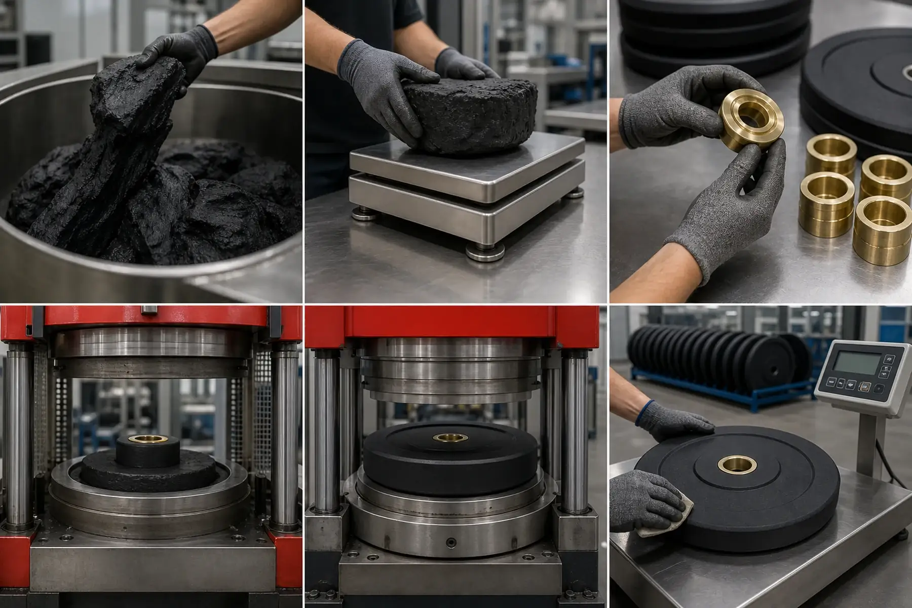 Bumper plate production stages from rubber preparation through molding and quality inspection