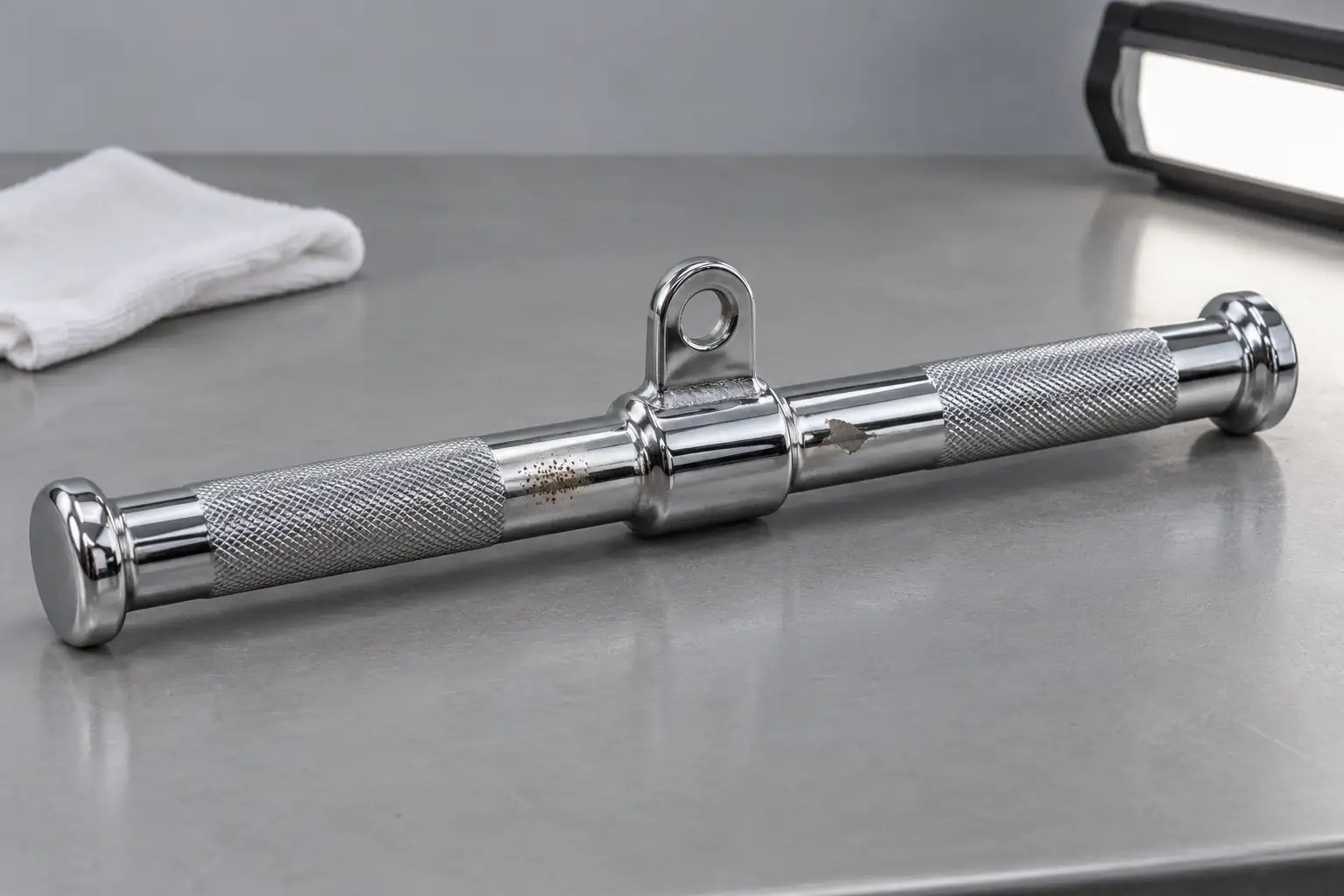 Unbranded chrome-plated straight cable attachment on an inspection bench with subtle rust pinpoints, a small lifted finish area and a white cloth