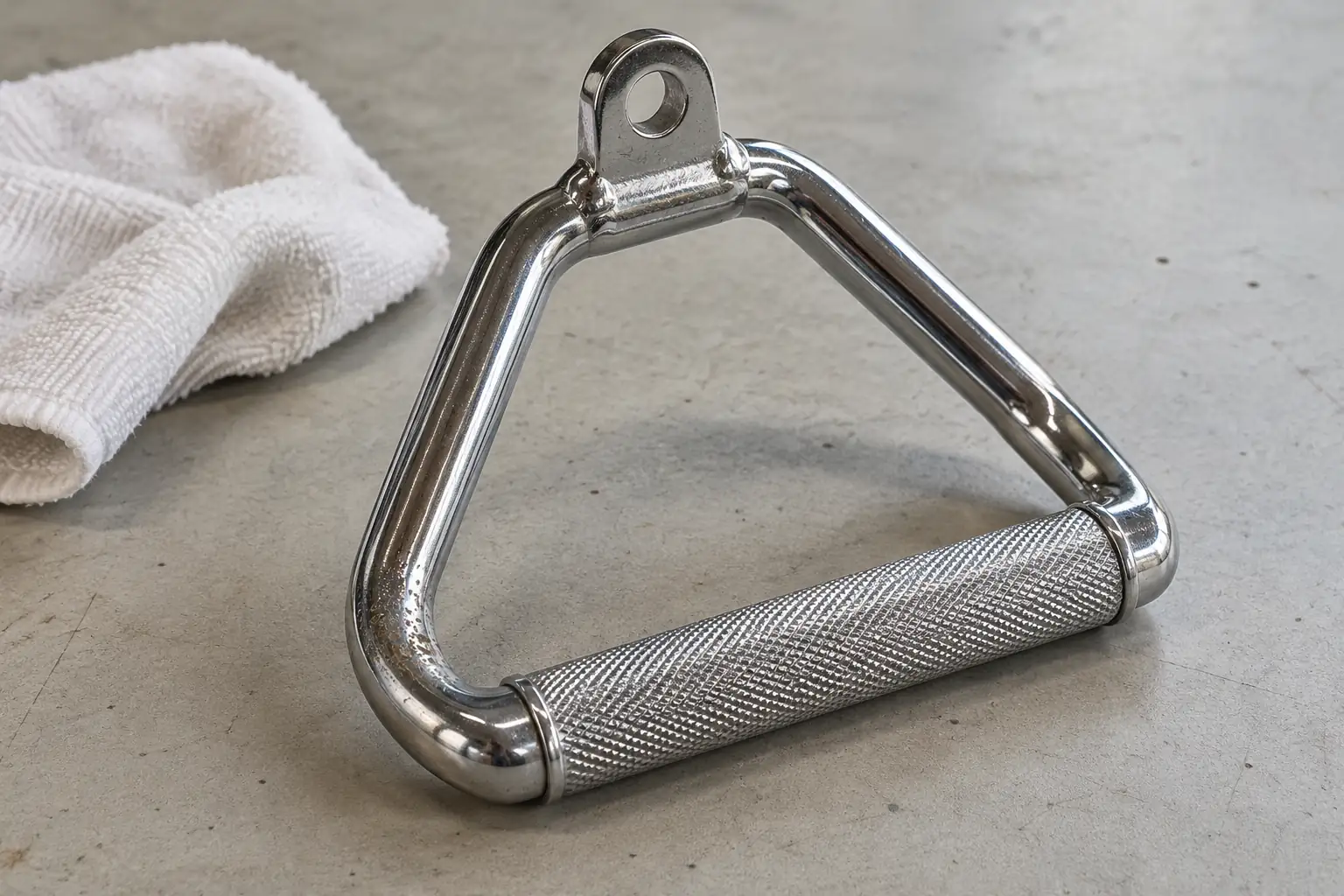 Handle kabel chrome tanpa merek di meja inspeksi netral dengan kain putih dan pitting ringan pada lengkungan dalam