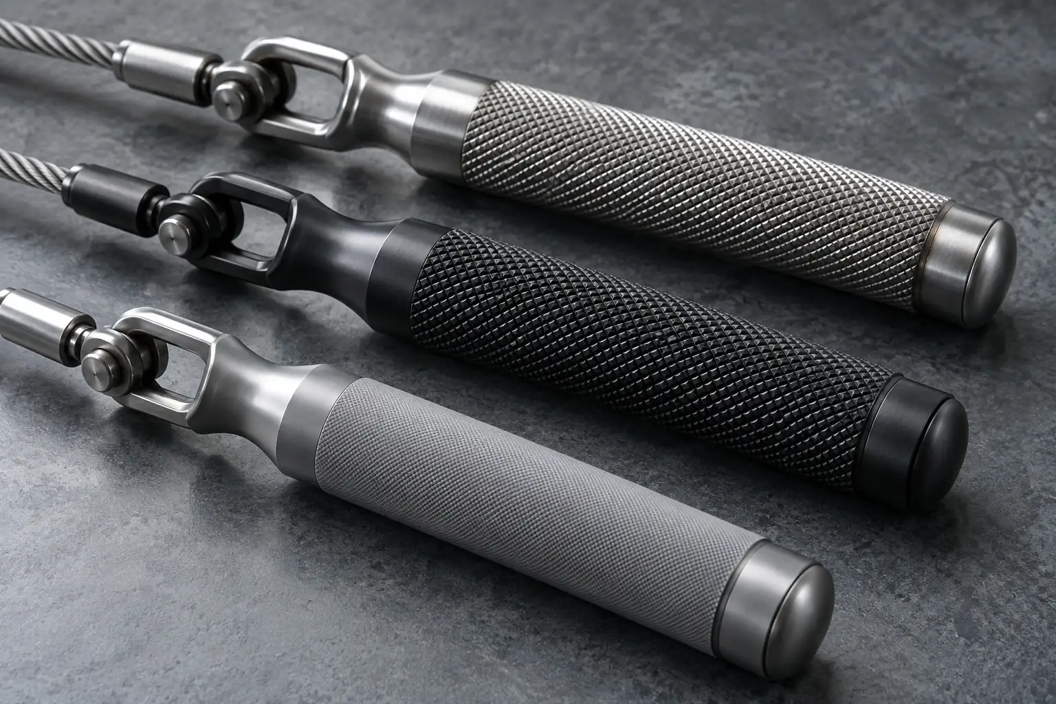 Unbranded cable grips showing controlled knurl texture and rounded ends