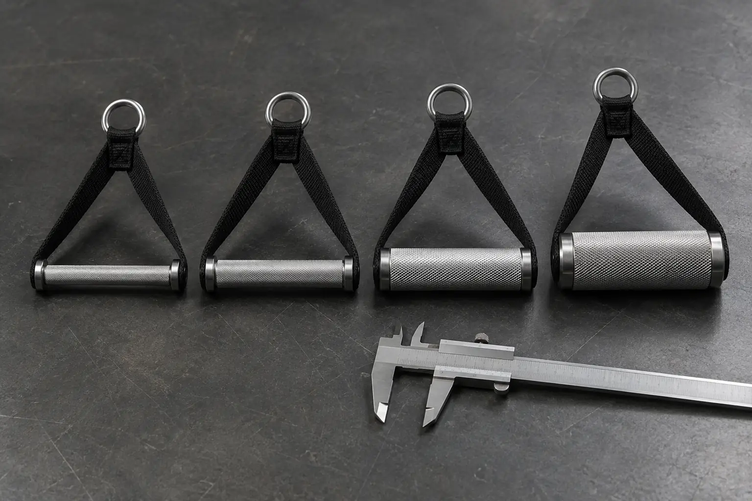 Four unbranded cable handles with different grip diameters beside a caliper