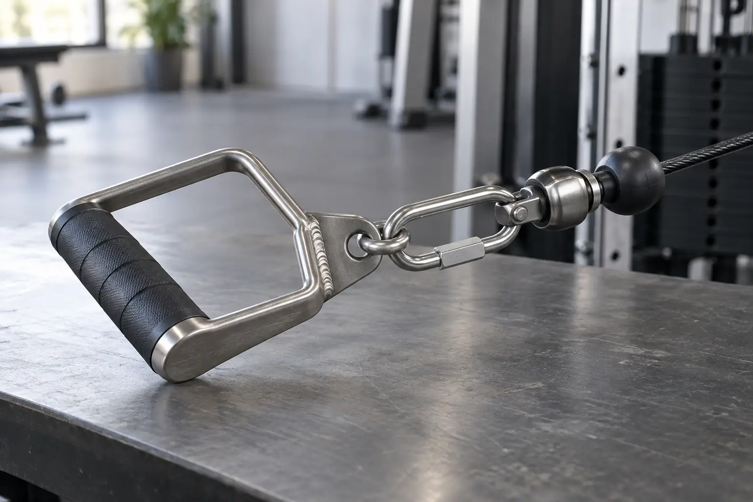 Unbranded steel cable handle with eye, swivel and closed connector on an inspection bench