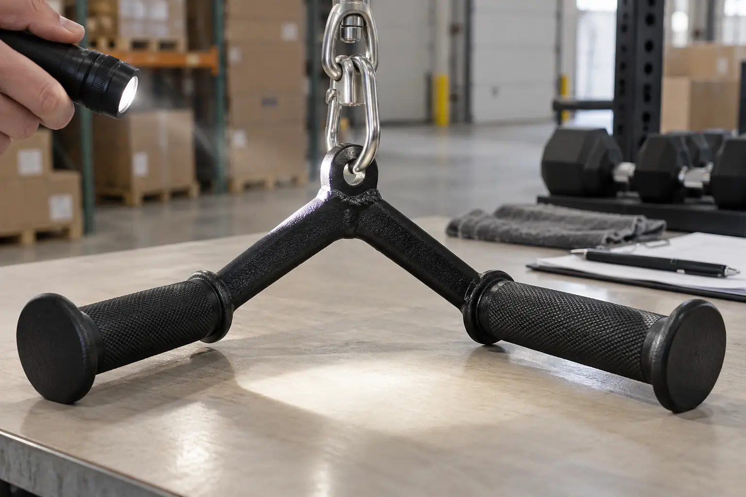 V-row cable handle with welded eye illuminated during receiving inspection