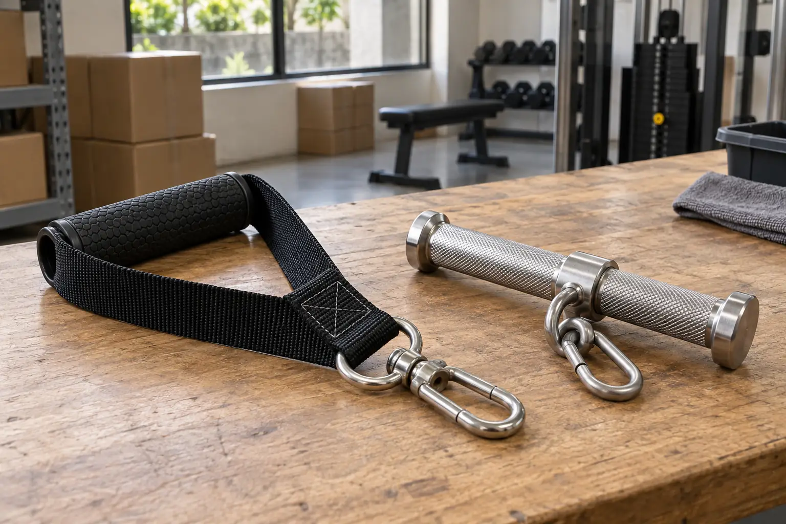 Handle kabel baja tanpa merek dengan mata, sambungan putar, dan penghubung tertutup di meja pemeriksaan