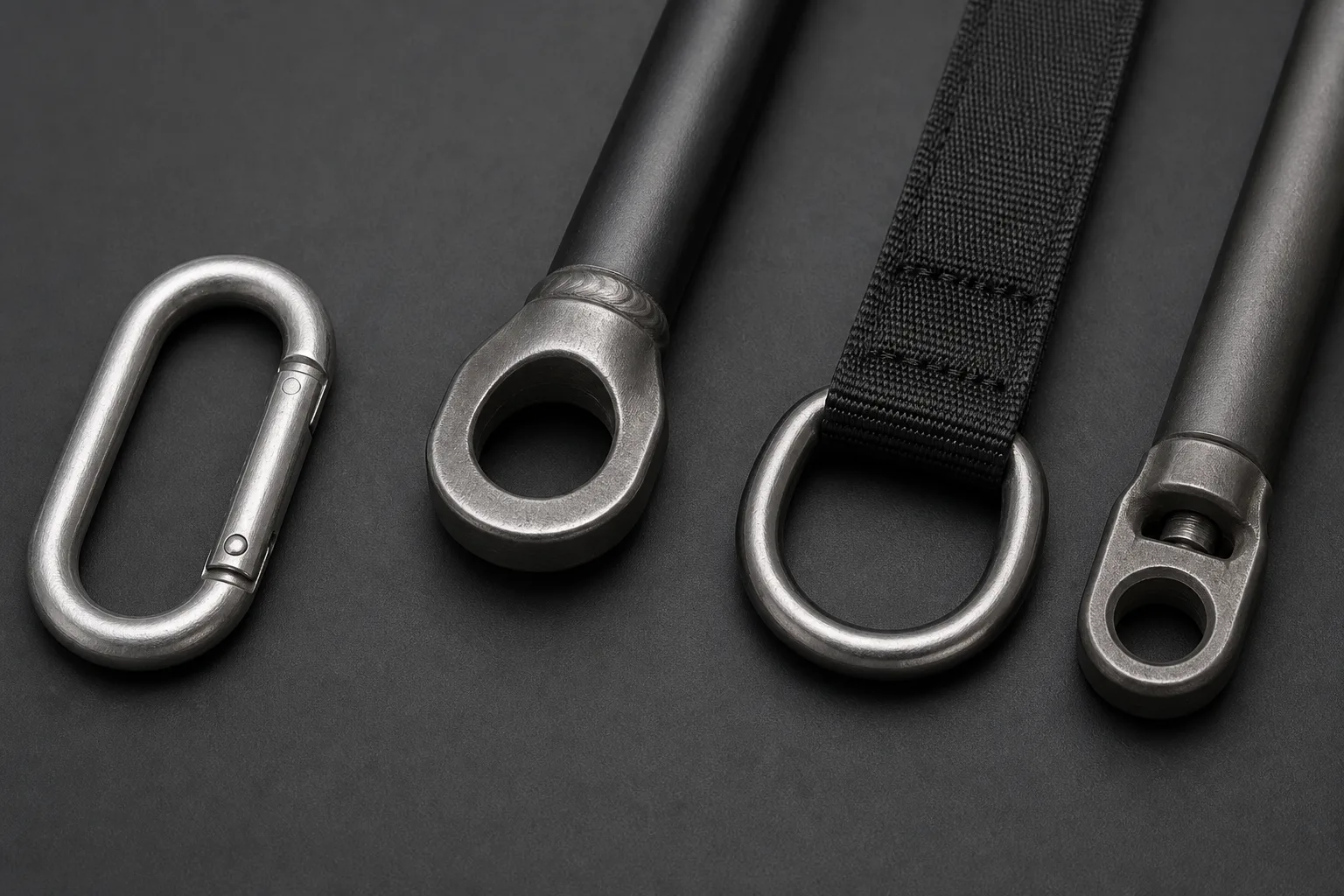 Carabiner, welded eye, D-ring and swivel eye shown for compatibility review