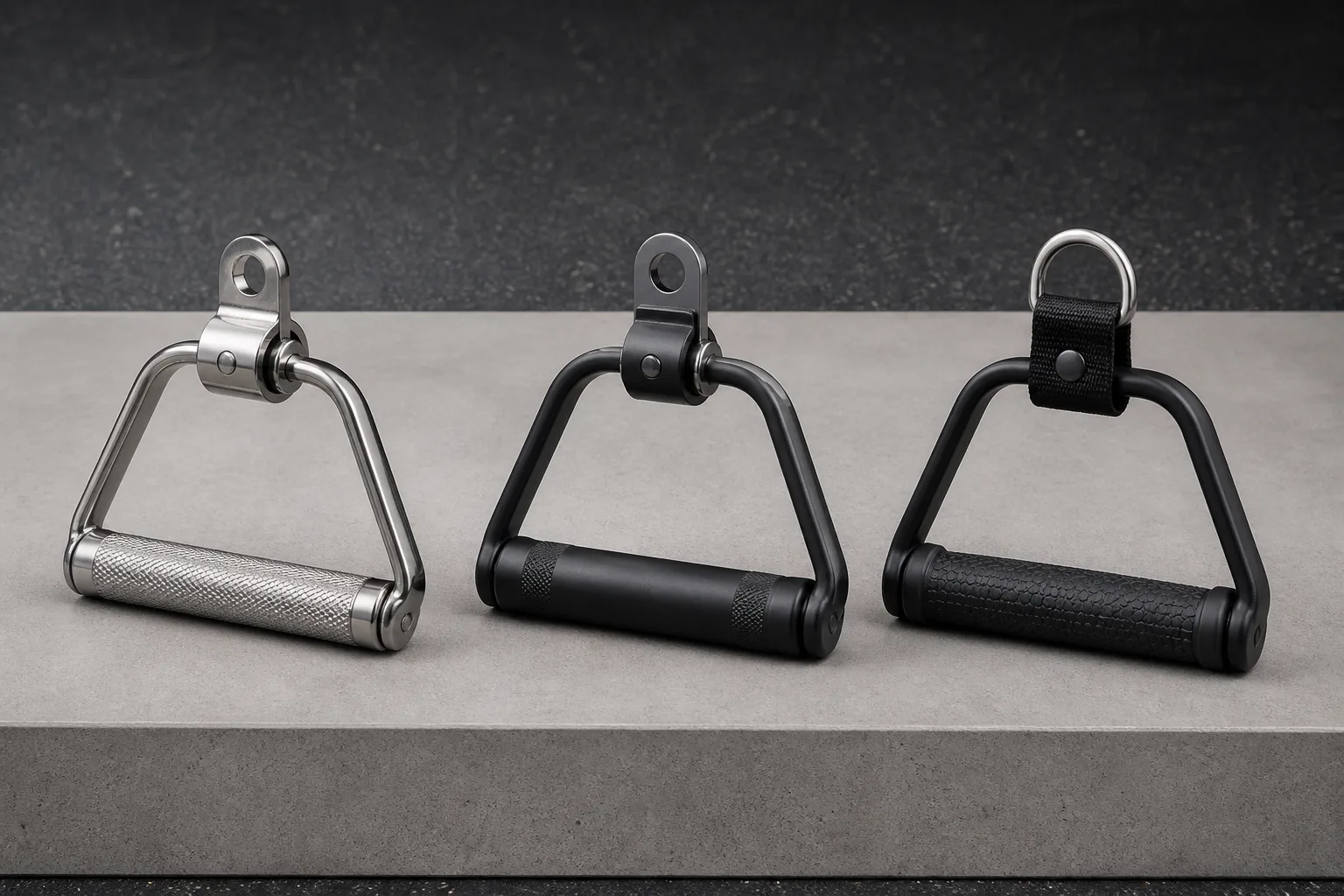Knurled steel, anodized aluminum and textured rubber cable handle grips