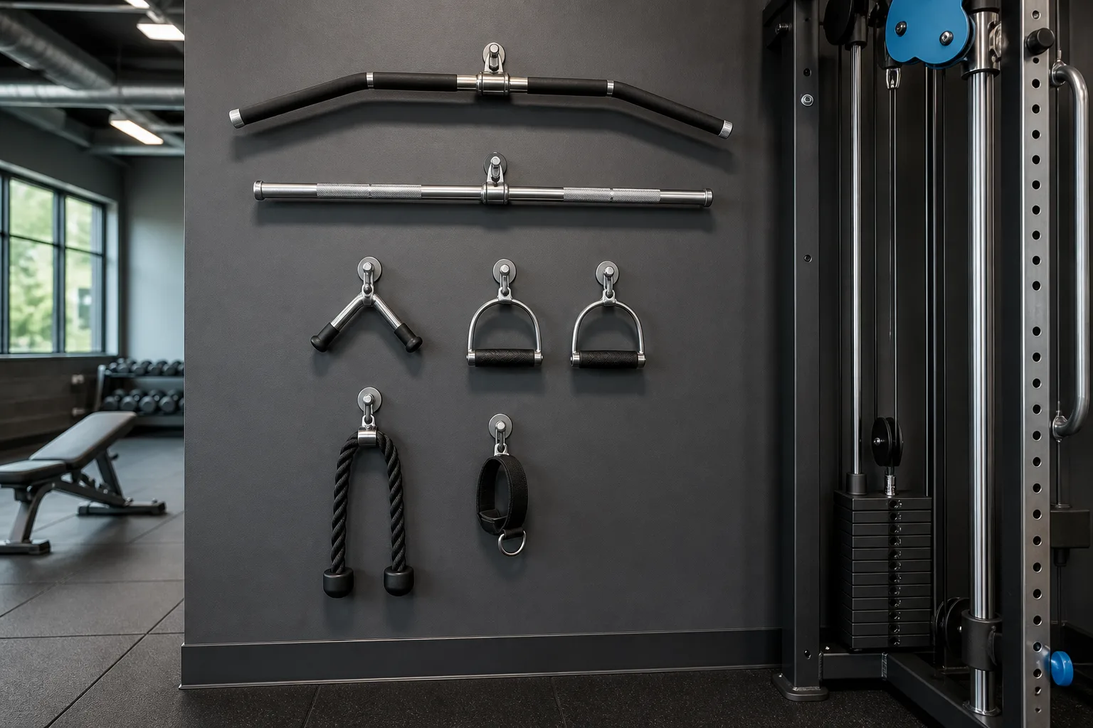Organized cable bars, handles, rope and ankle cuff on commercial gym storage
