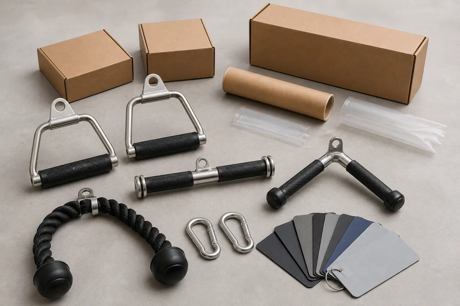 Unbranded cable attachment samples with blank packaging and finish swatches