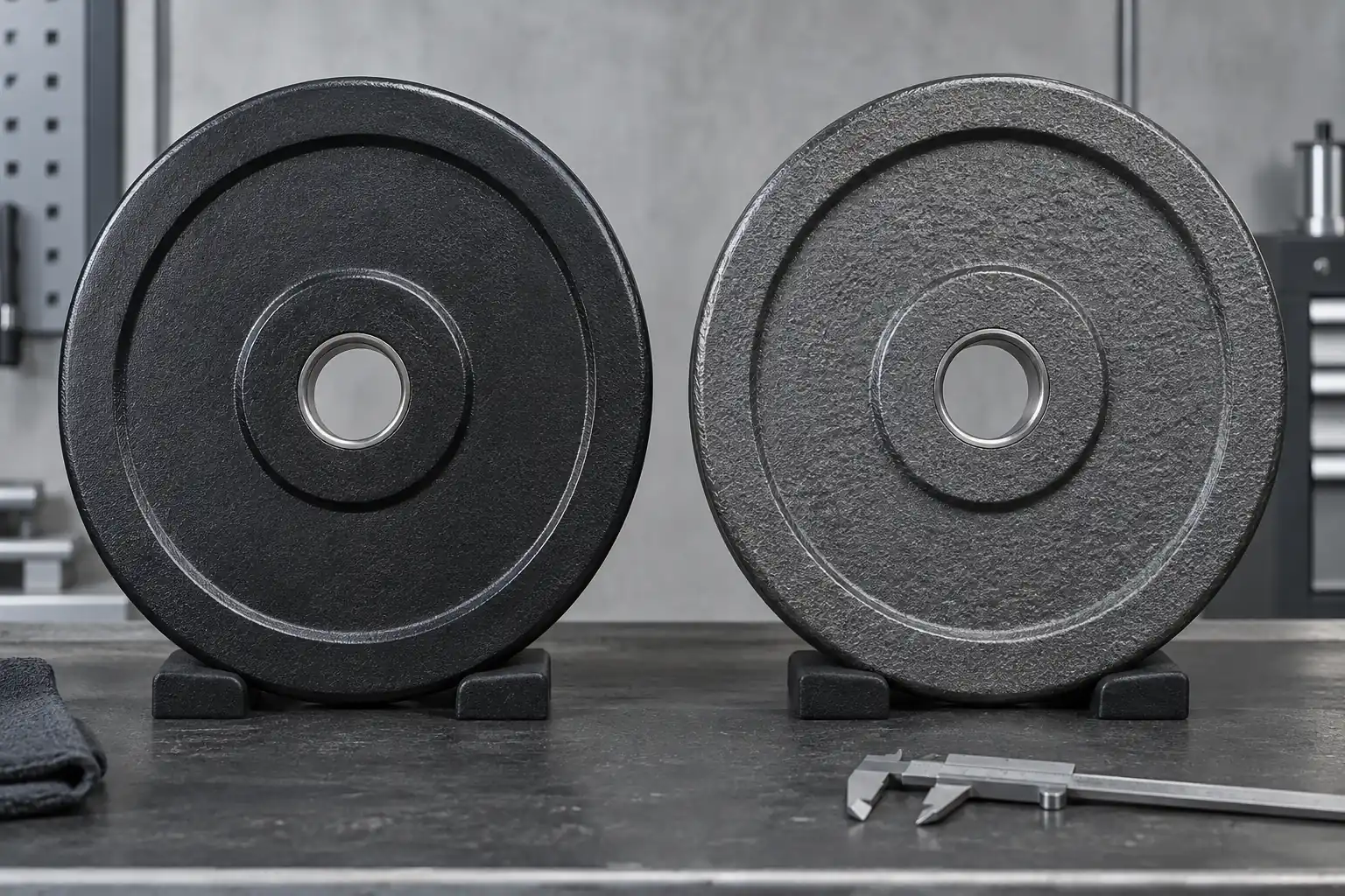 Cast-iron plates arranged to compare edge and center-bore coating coverage
