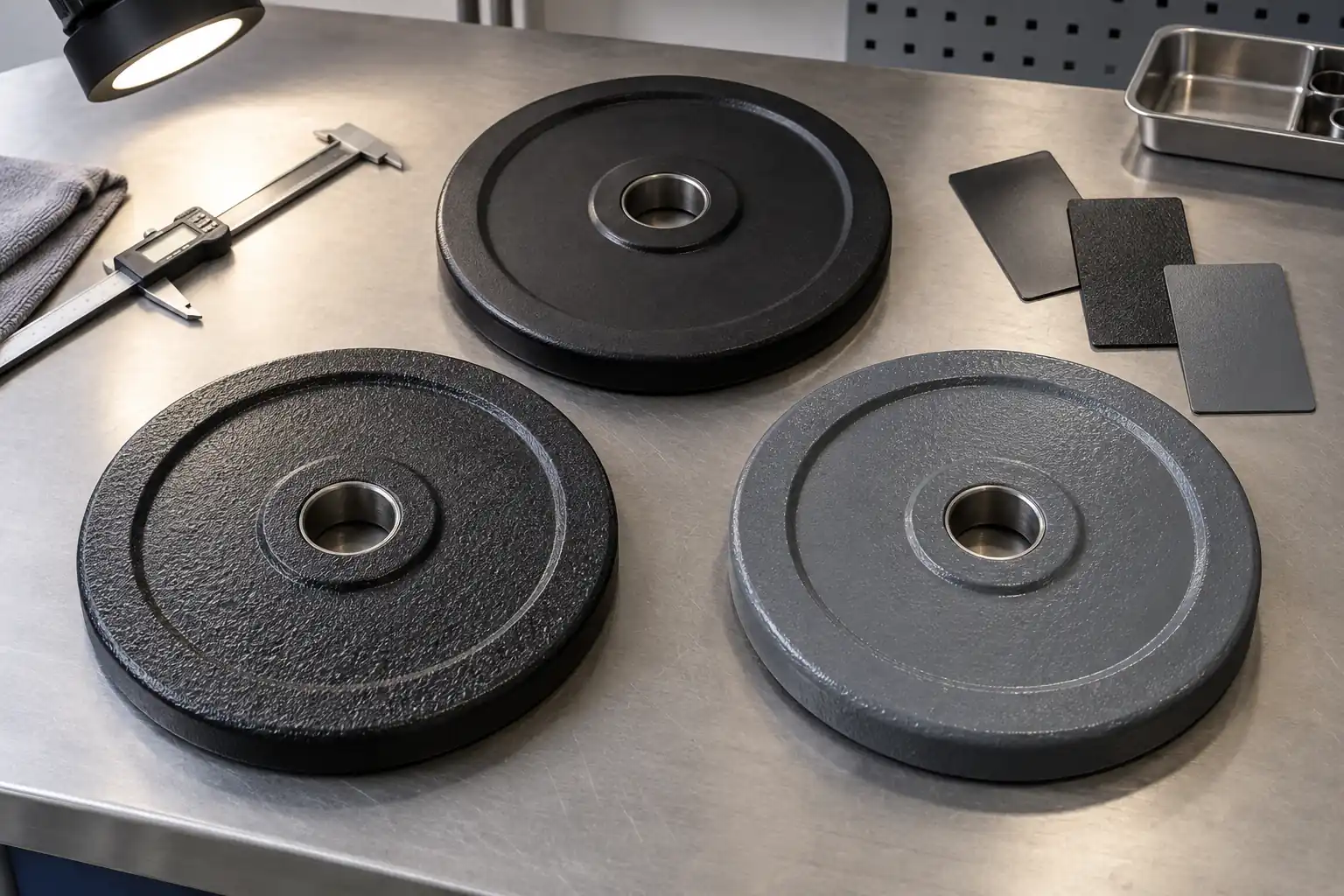 Unbranded cast-iron Olympic plates with three protective finish textures on an inspection bench