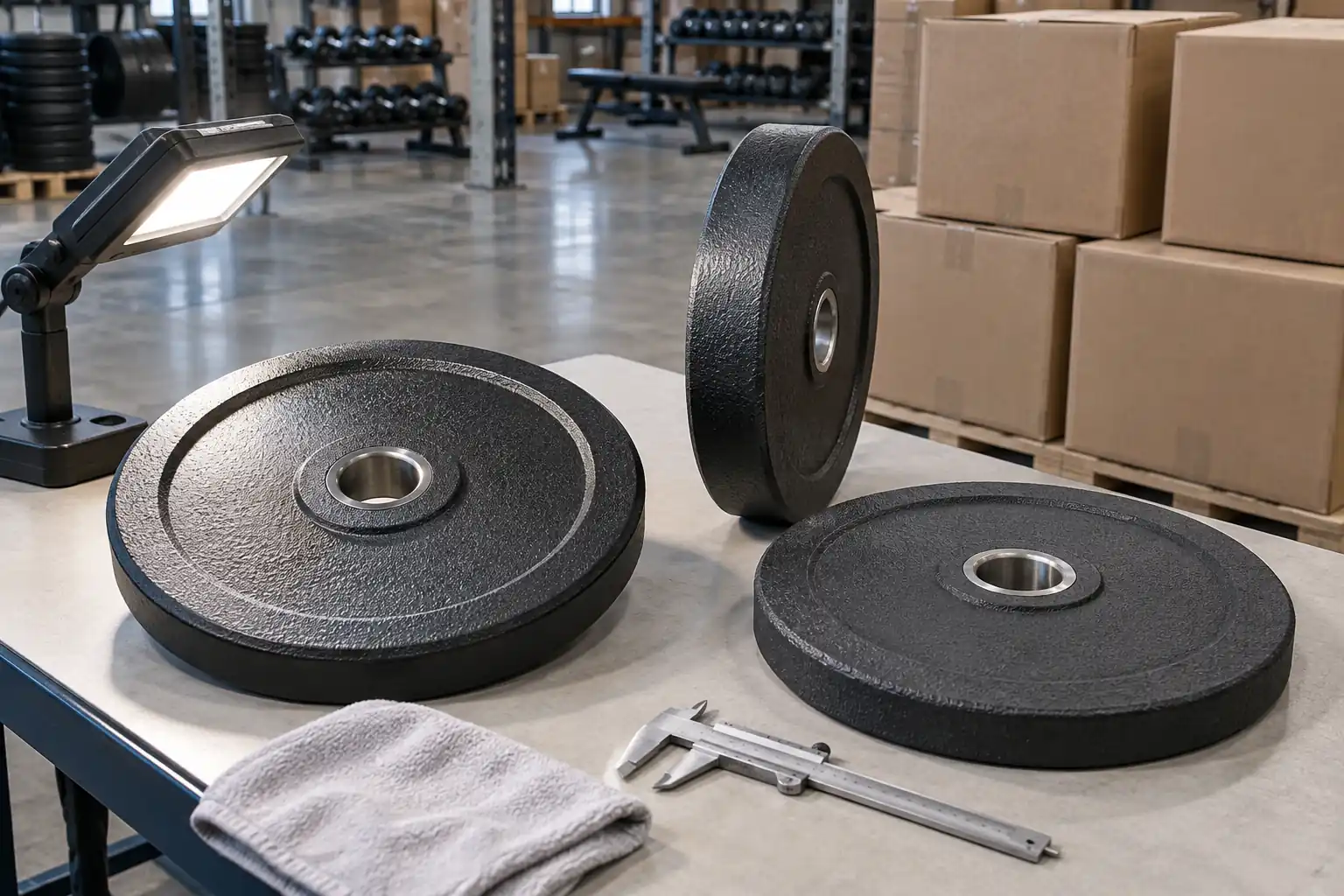 Inspector-style bench setup for comparing coated iron plate surfaces and dimensions