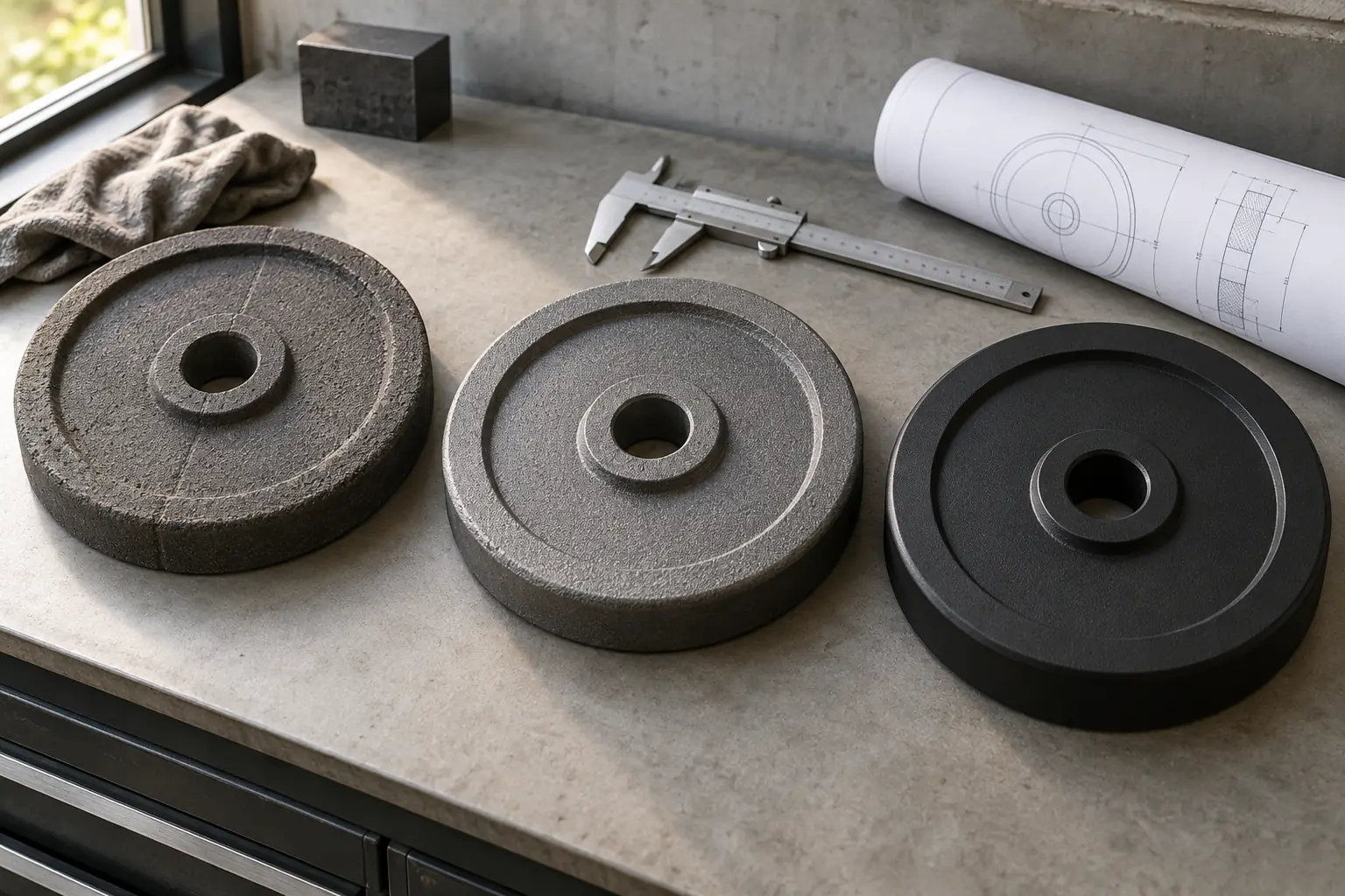 Unbranded cast-iron weight plates shown from rough casting to cleaned and finished sample on a neutral inspection bench