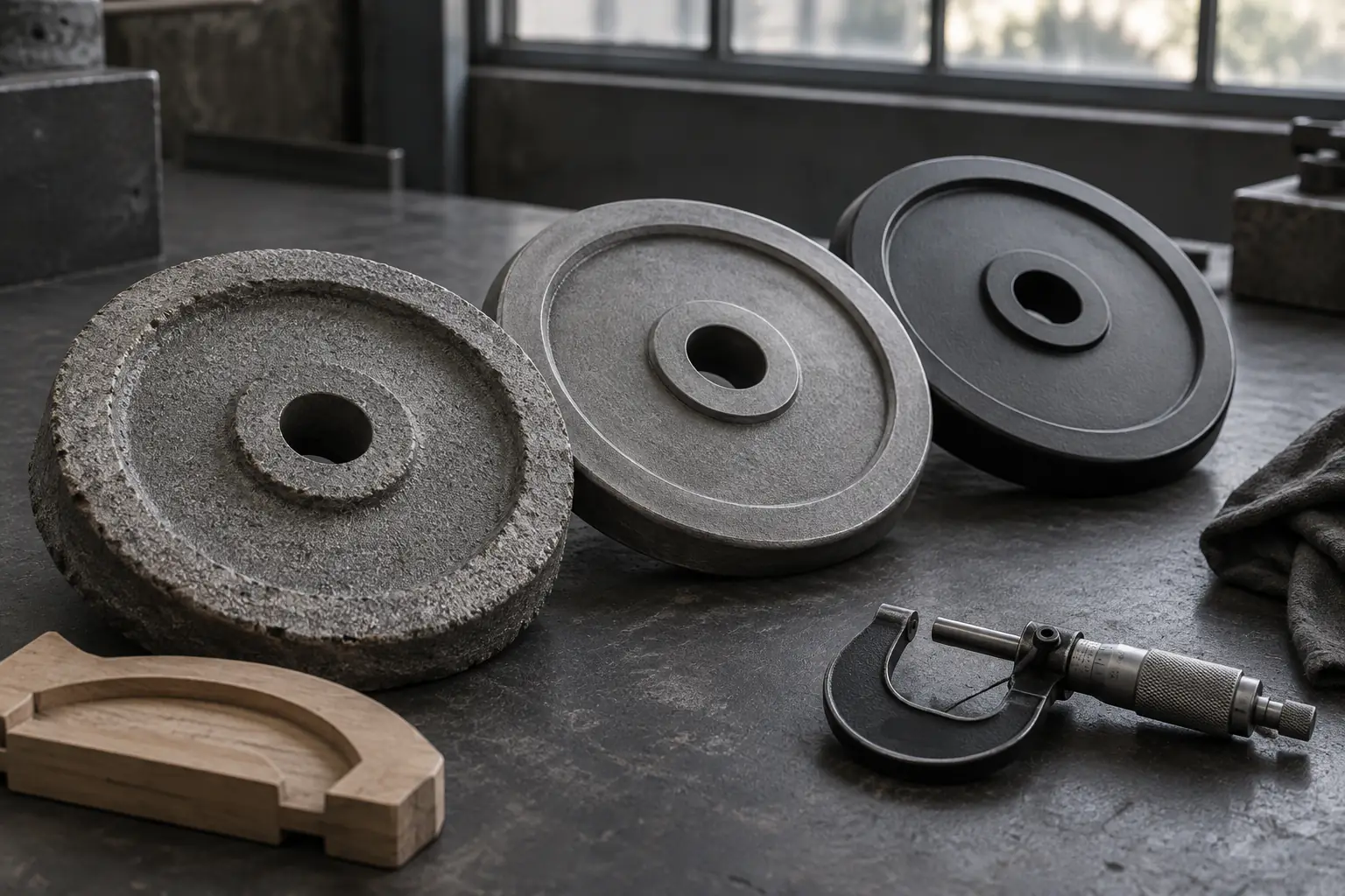 Disques sans marque présentés comme pièce brute, nettoyée puis finie sur une table de contrôle neutre