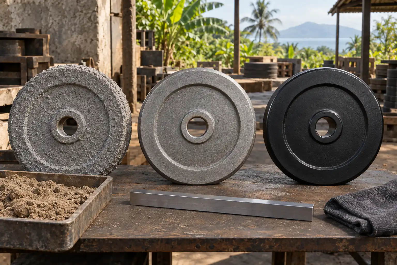 Plate beban besi cor tanpa merek sebagai coran kasar, komponen bersih, dan sampel selesai di meja inspeksi netral
