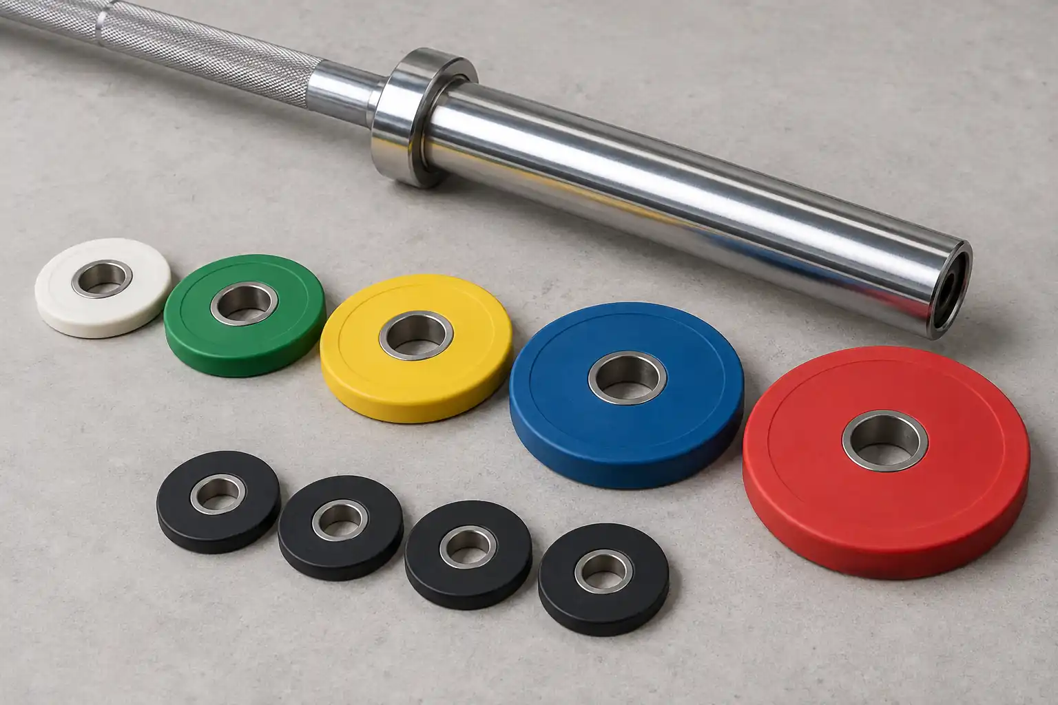 Unbranded Olympic change plates and fractional plates arranged beside a barbell sleeve