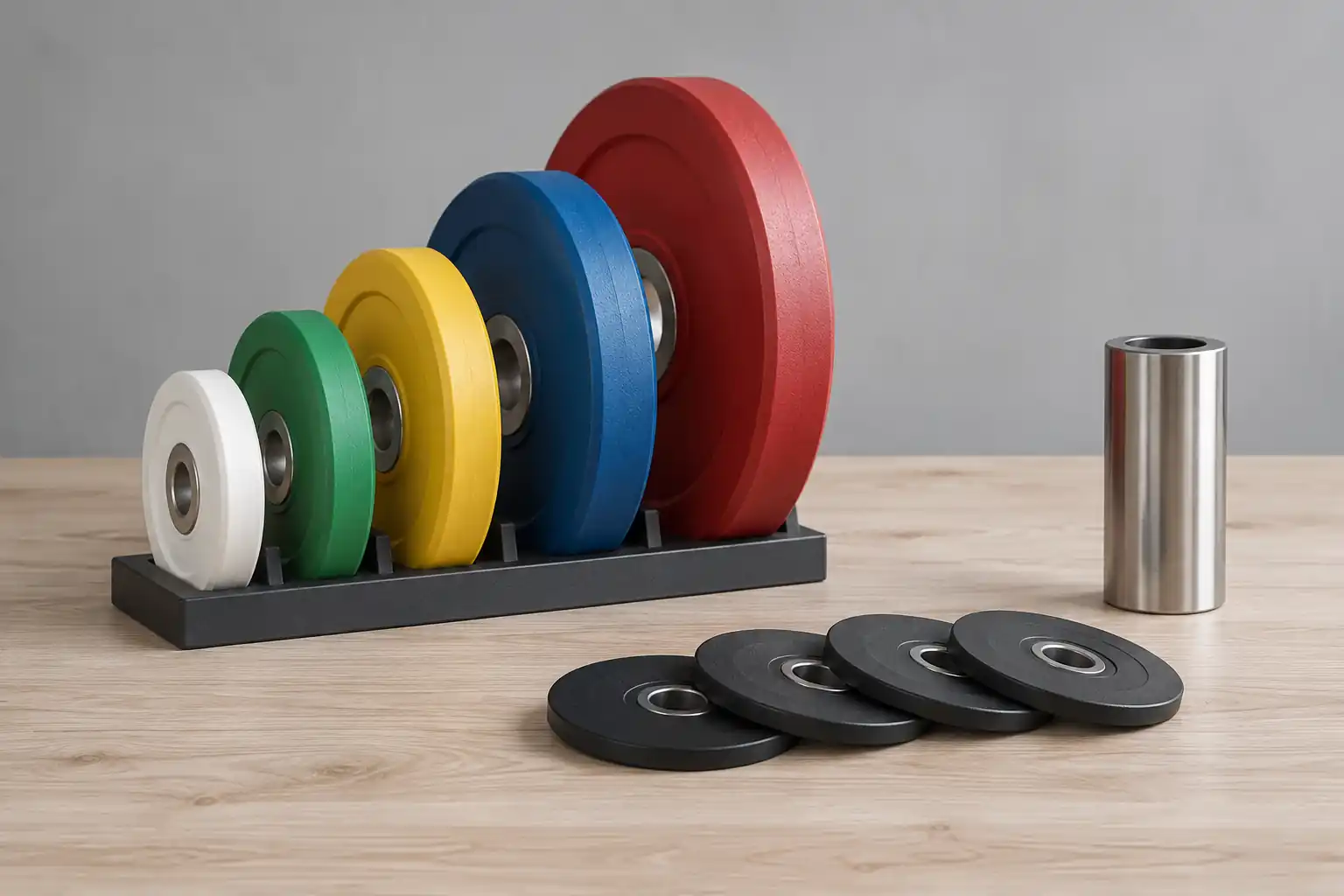Omärkta change plates och fraktionsvikter bredvid en olympisk hylsa