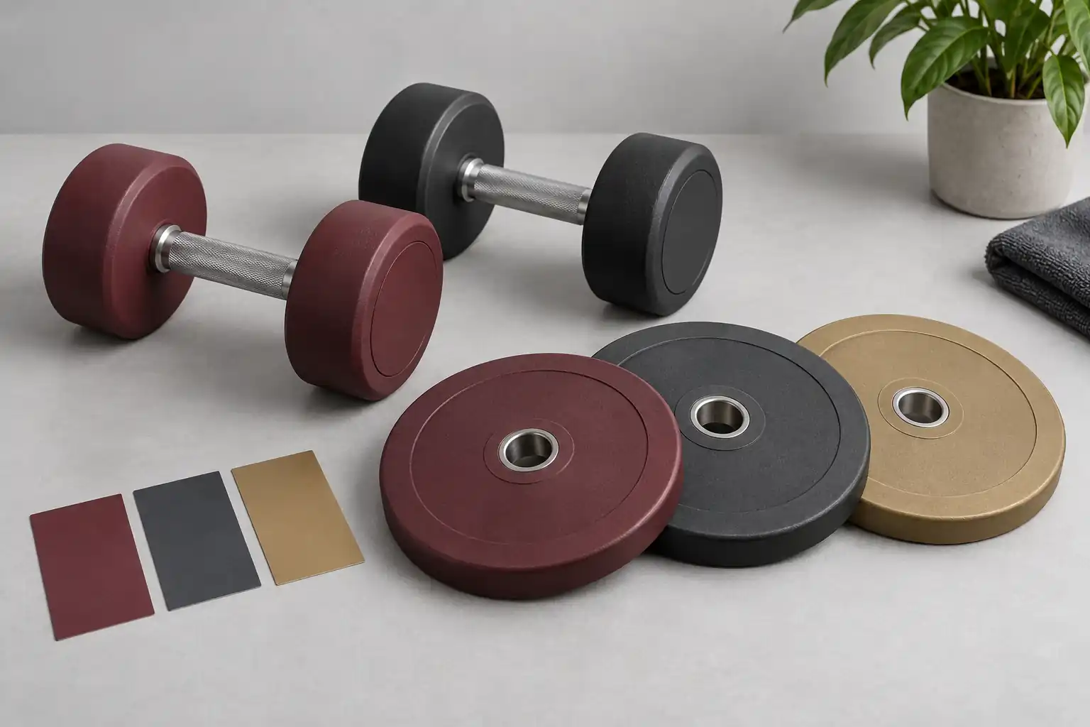 Unbranded free weights in coordinated blue, gray and teal surfaces beside a color meter
