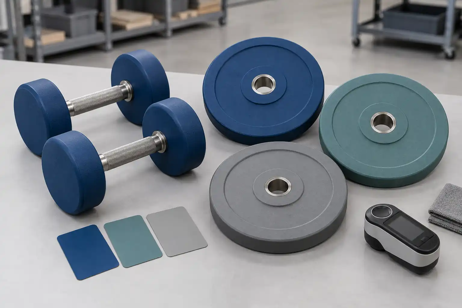 Unbranded custom-color dumbbells and Olympic plates with plain physical color samples