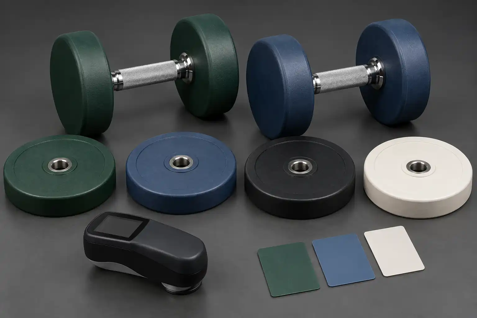 Custom-color dumbbell and plate samples arranged under neutral inspection lighting