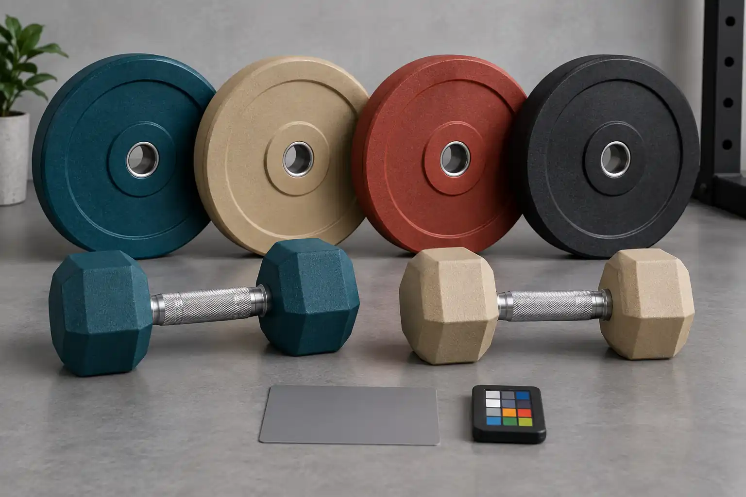 Dumbbell dan piring Olimpiade tanpa merek dalam warna selaras dengan sampel fisik