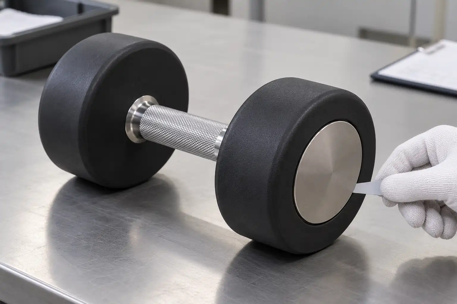 Unbranded commercial dumbbell with a blank inset end cap being checked at its perimeter