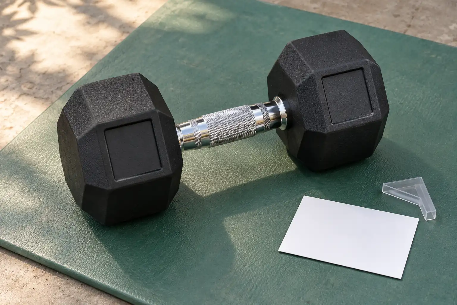 Dumbbell hex tanpa merek dengan bidang logo kosong dan kartu sampel kemasan