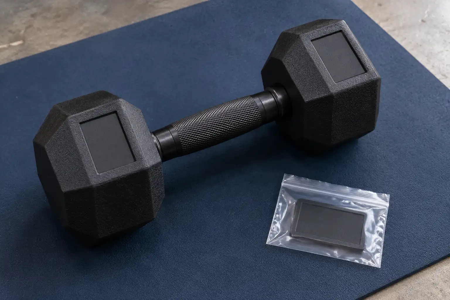 Merkloze hex-halter met lege eindkap en verpakt reserveplaatje op een controlemat