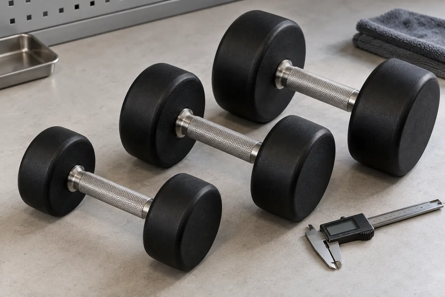 Unbranded fixed dumbbells and a caliper on a neutral sample bench
