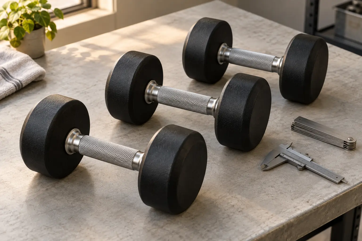 Fixed dumbbell handles reviewed beside inspection tools under warm light