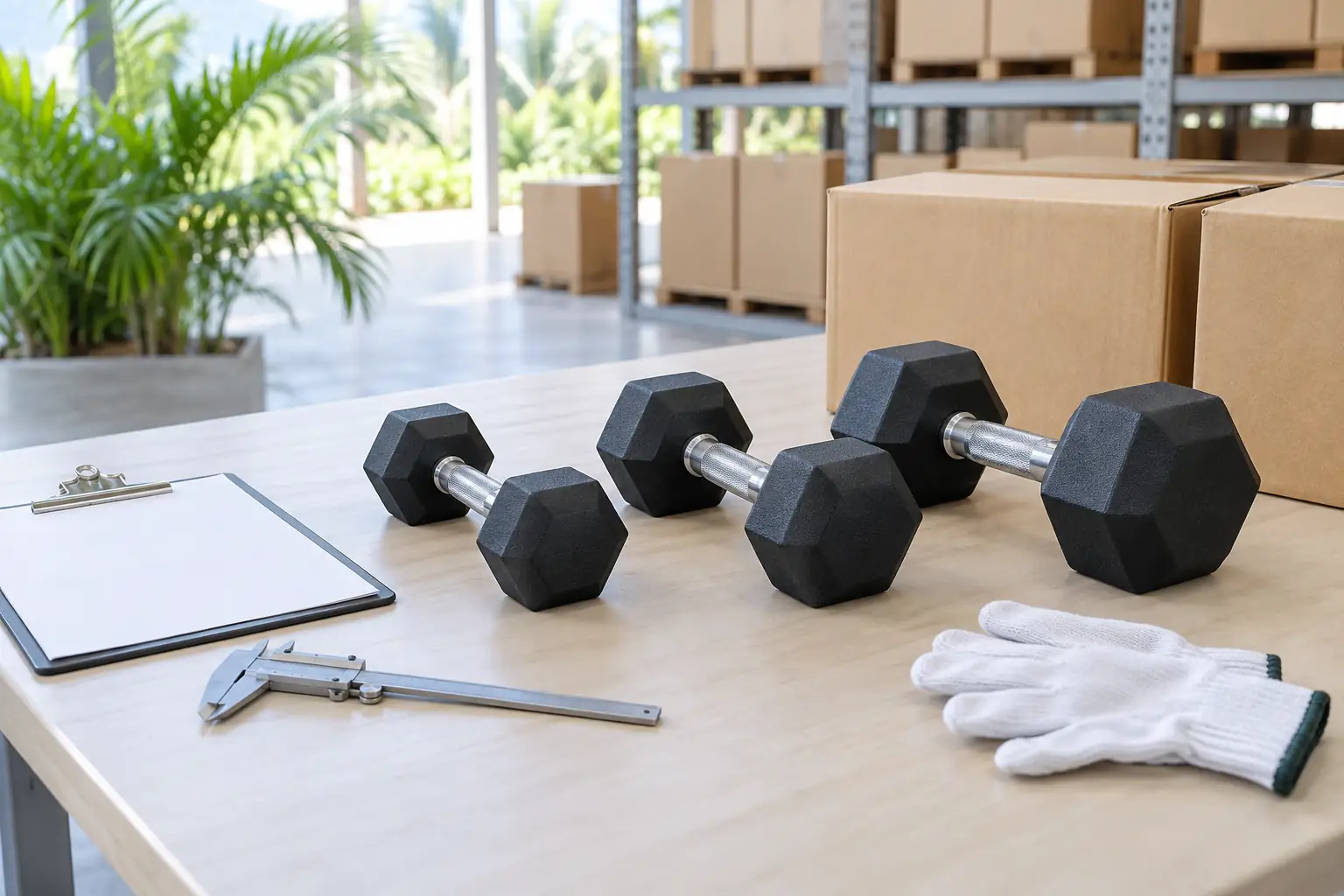 Dumbbell tetap tanpa merek dan kaliper di meja netral