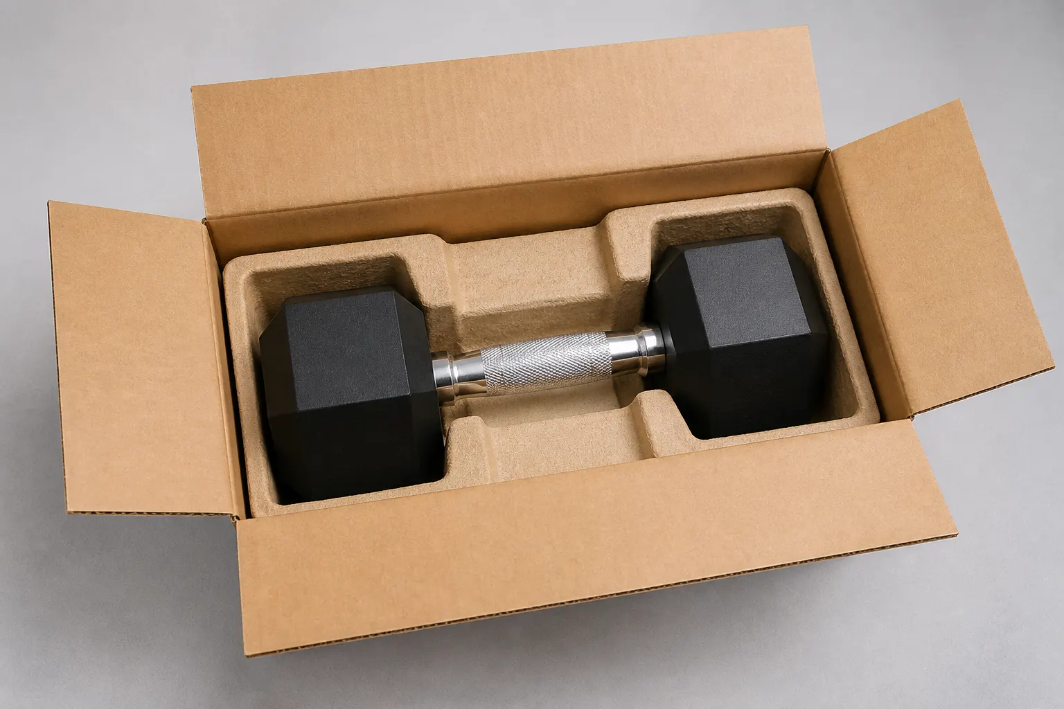 A rubber hex dumbbell supported by its heads inside a fitted carton insert
