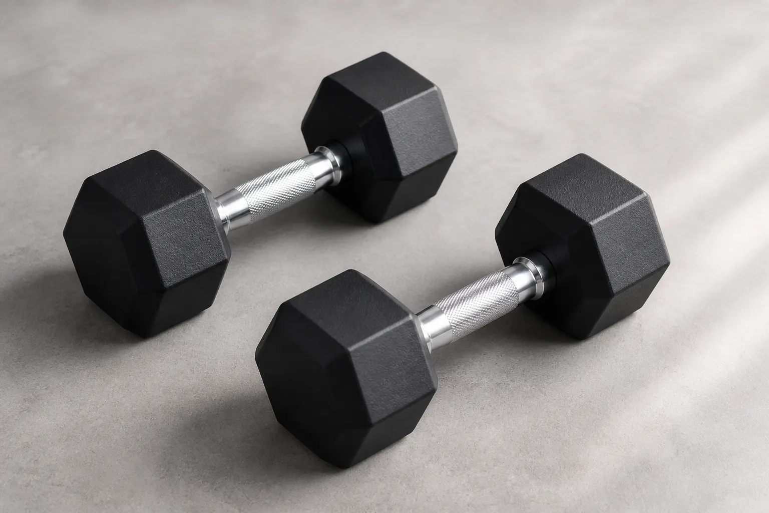 Two unbranded rubber hex dumbbells with straight steel handles