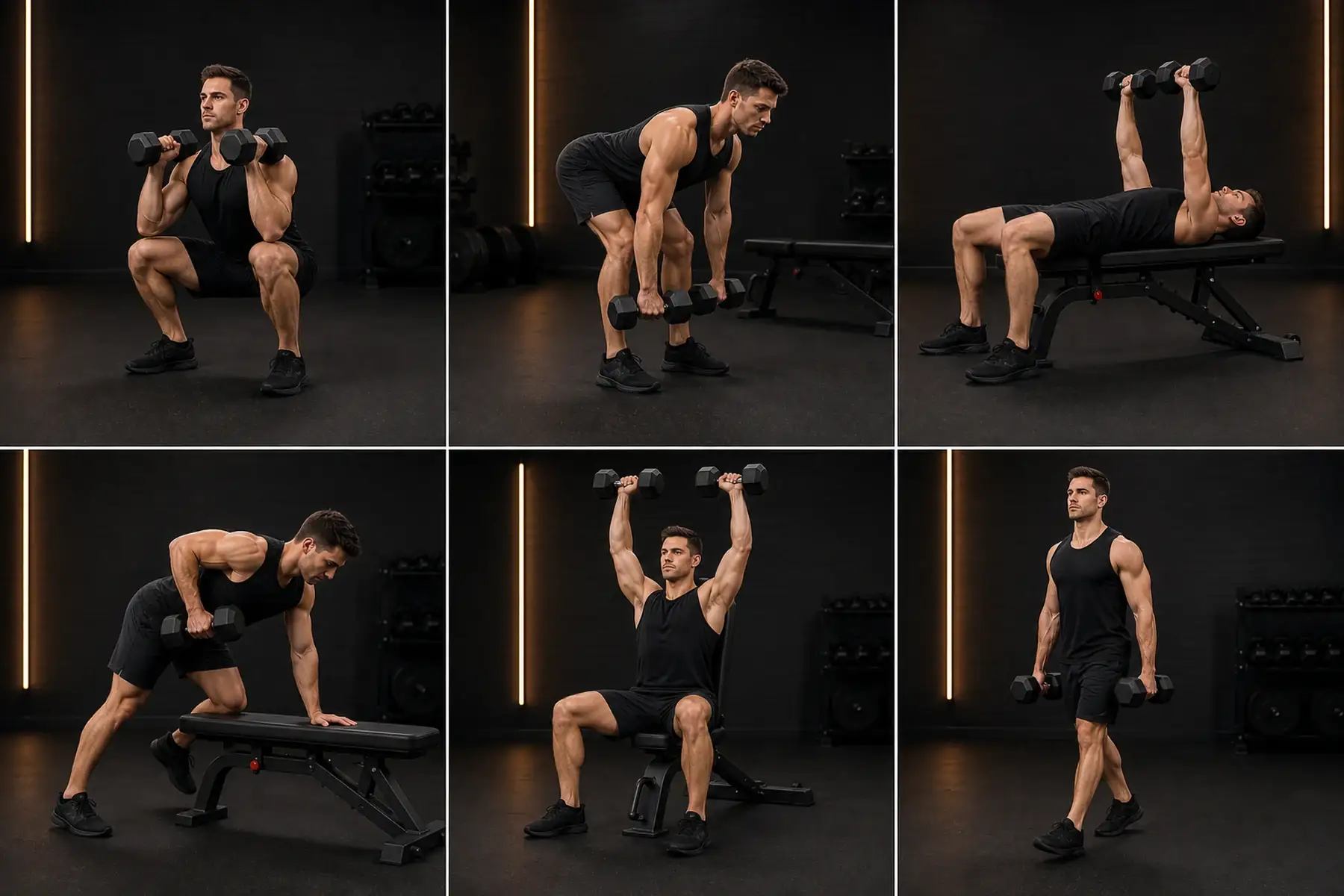 Dumbbell-only muscle building movements for push pull squat hinge and carry patterns